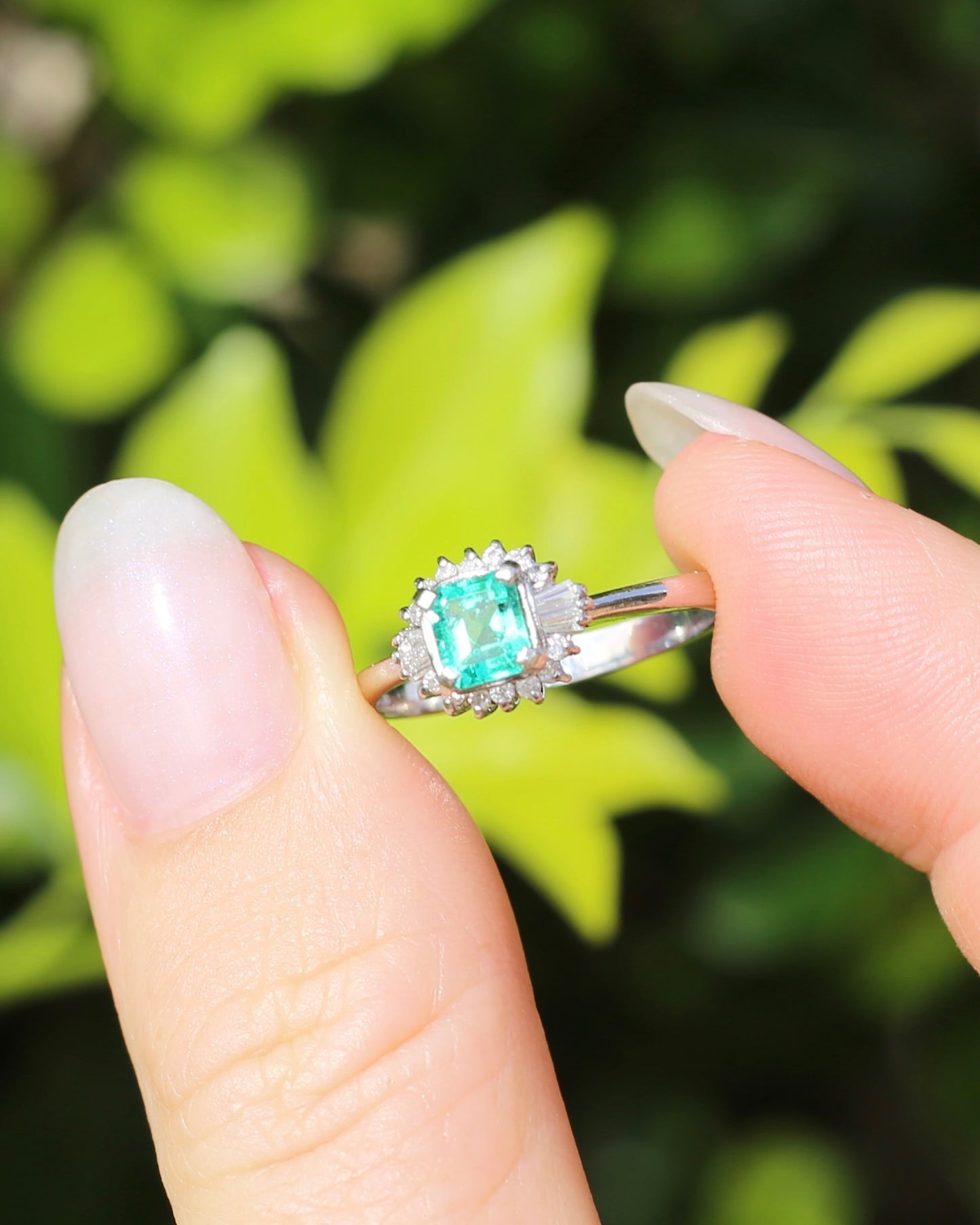 Natural Square Step Cut Emerald and Diamond Baguette Ballerina Skirt, Platinum Ring, size O or 7.25