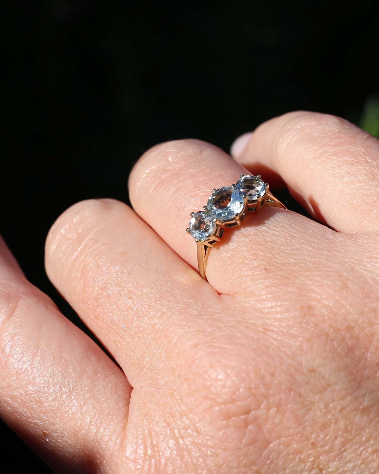 Prasiolite or Green Amethyst in Vintage Trilogy, 9ct Yellow Gold, size 7 or N1/2