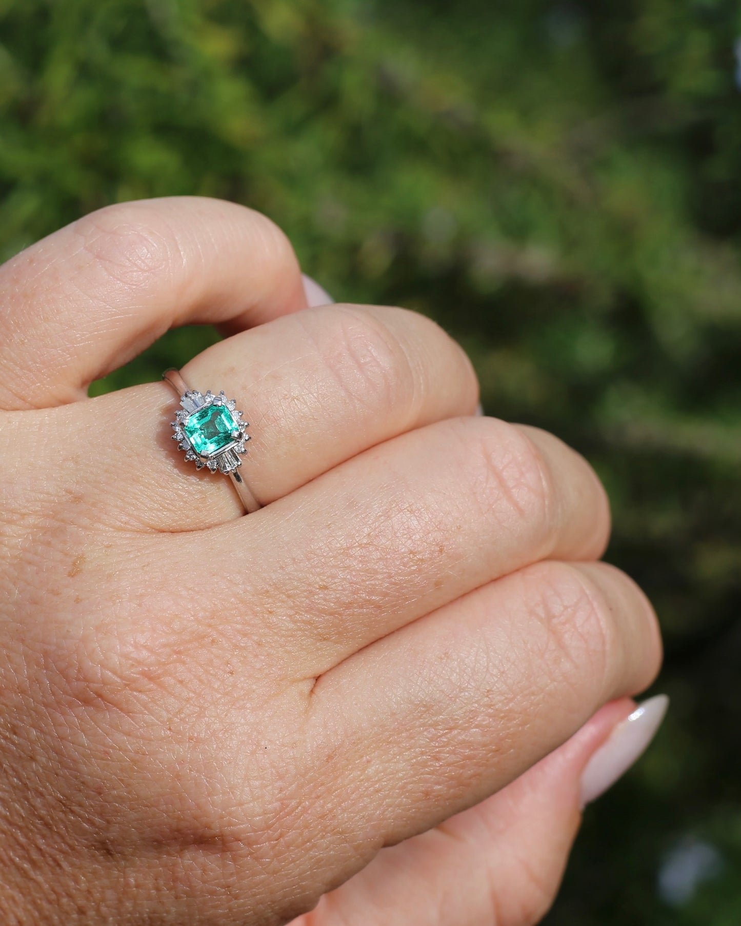 Natural Square Step Cut Emerald and Diamond Baguette Ballerina Skirt, Platinum Ring, size O or 7.25