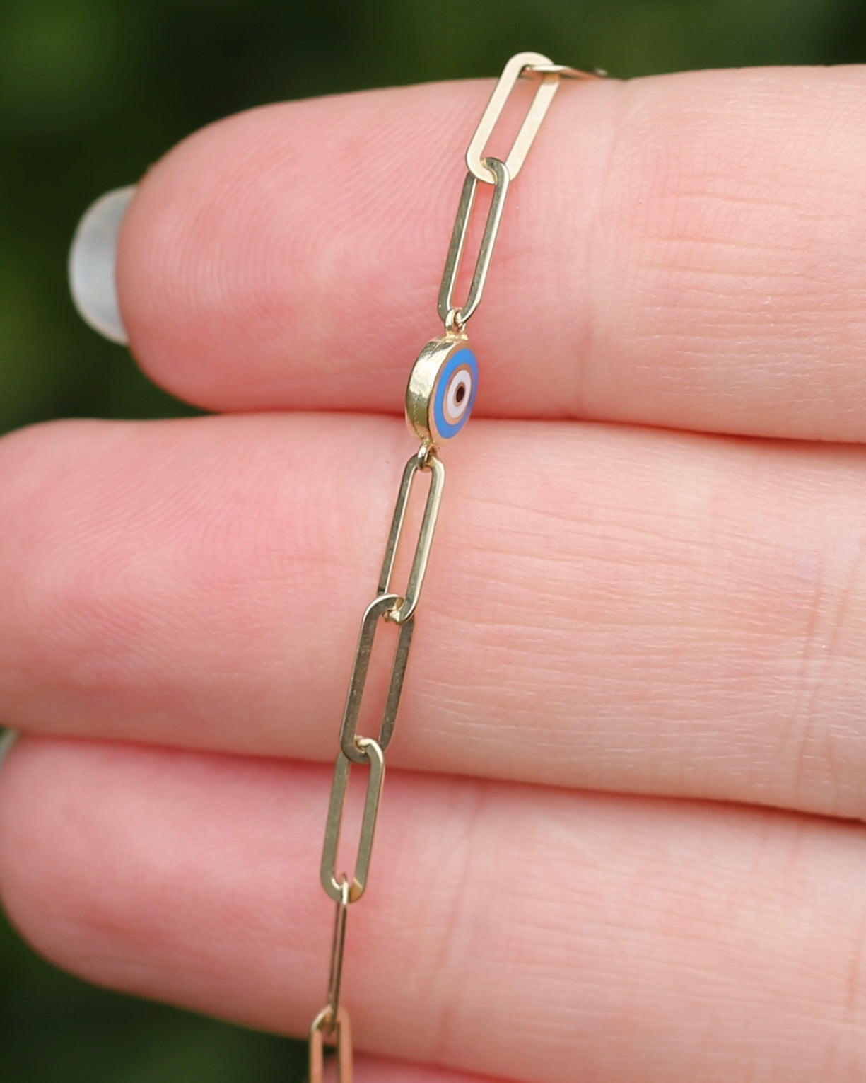 Delicate Paperclip and Enamel Evil Eye Bracelet, 9ct Yellow Gold, 19.5cm or 7.75inches