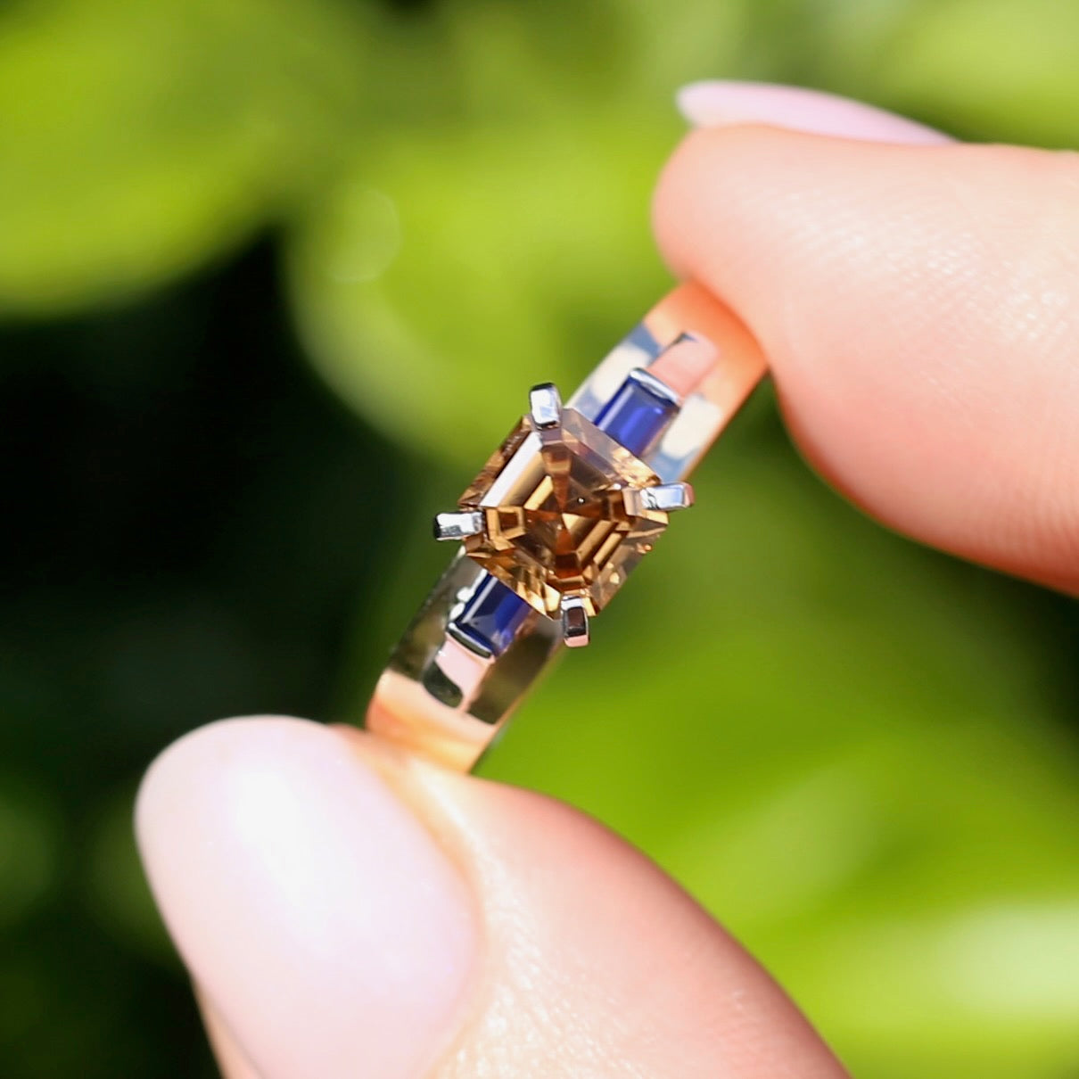 1.74ct Asscher Cut Cognac Zircon with Baguette Synthetic Sapphires in Mixed White and Yellow Gold 9ct Ring, size 8.75 or just over R