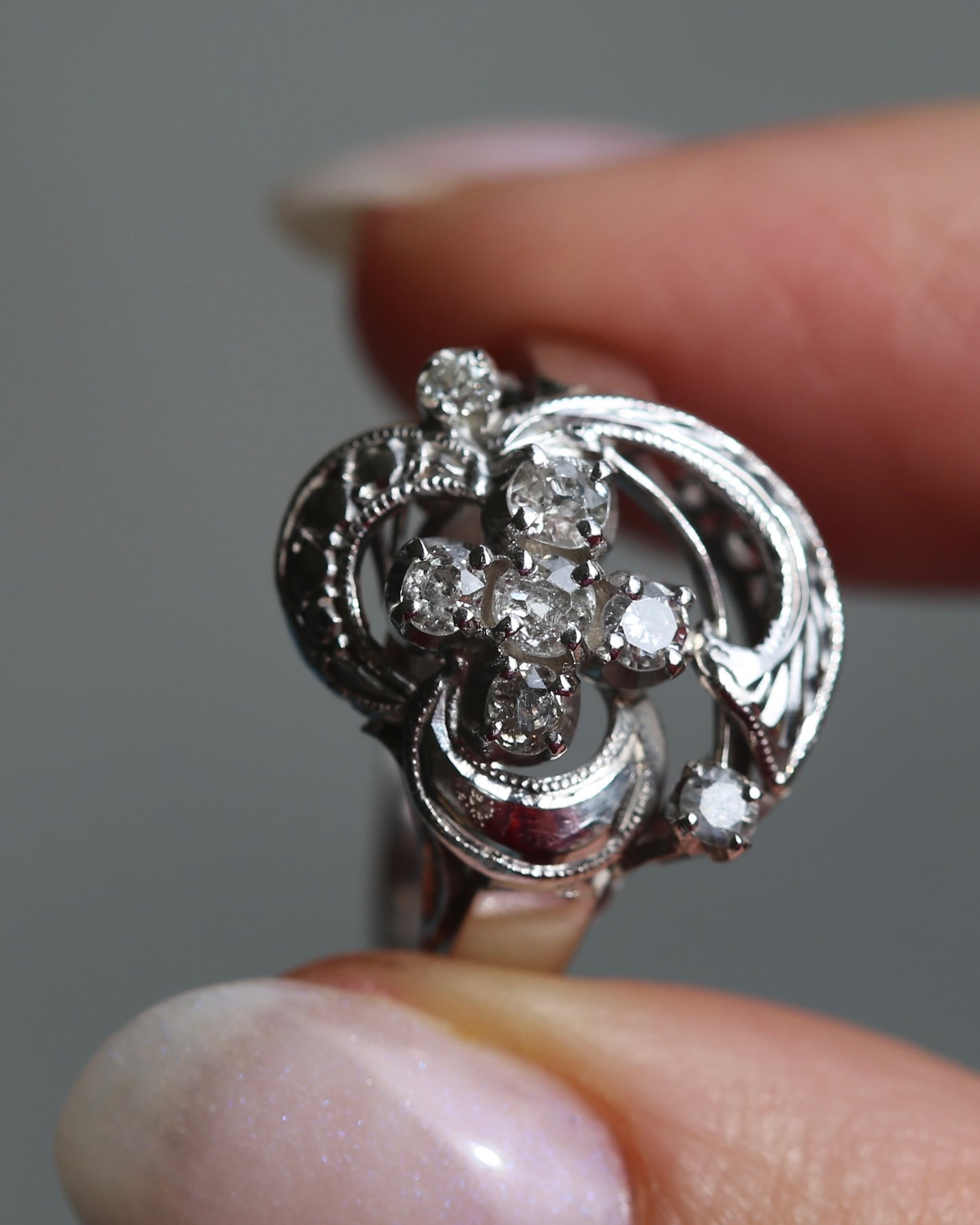 Old Cut and Early Brilliant Cluster Clover Ring, 9ct White Gold, size O or 7