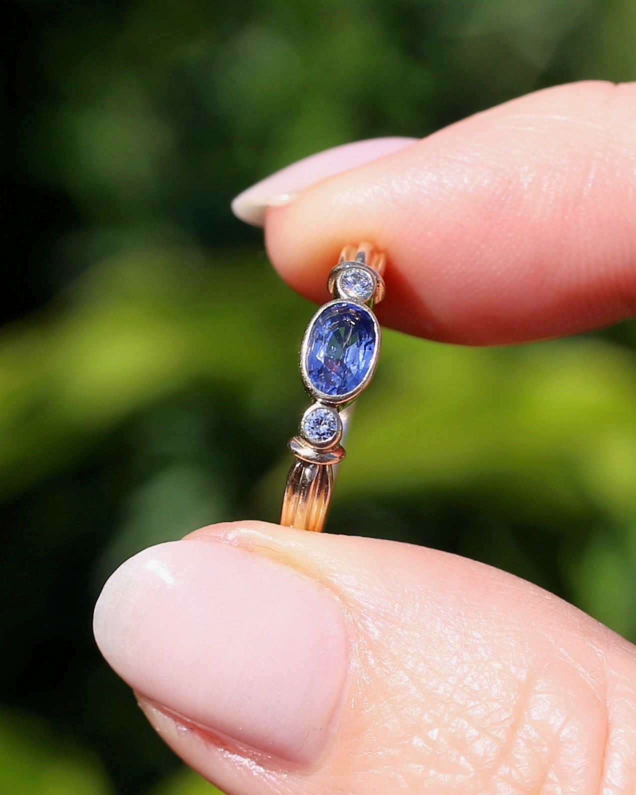 Vintage Bezel Set Cornflower Blue Sapphire and Diamond Ring, 9ct Yellow Gold, size O or 7.25