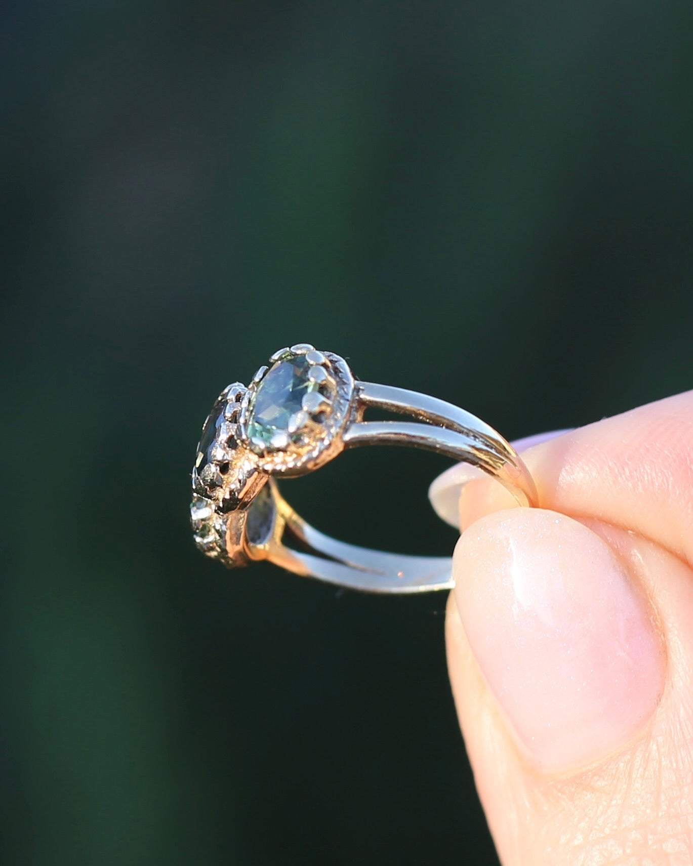 3ct Green Parti Sapphire Claw Set Vintage Ring, 9ct Yellow Gold, size 6 or L1/2