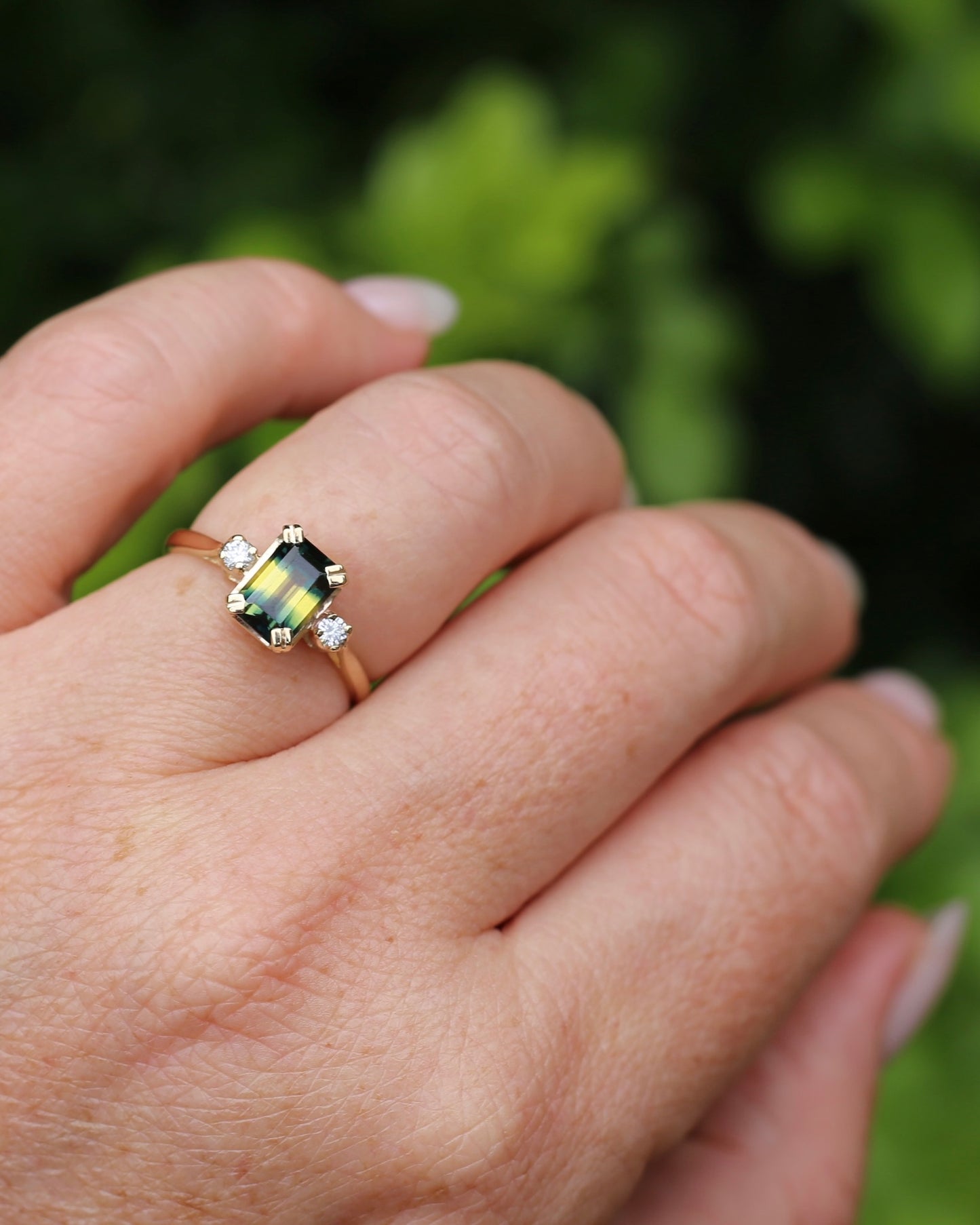 Vintage 1.5ct Emerald Cut Parti Sapphire and Diamond trilogy, 9ct Yellow Gold, size N or 6.75