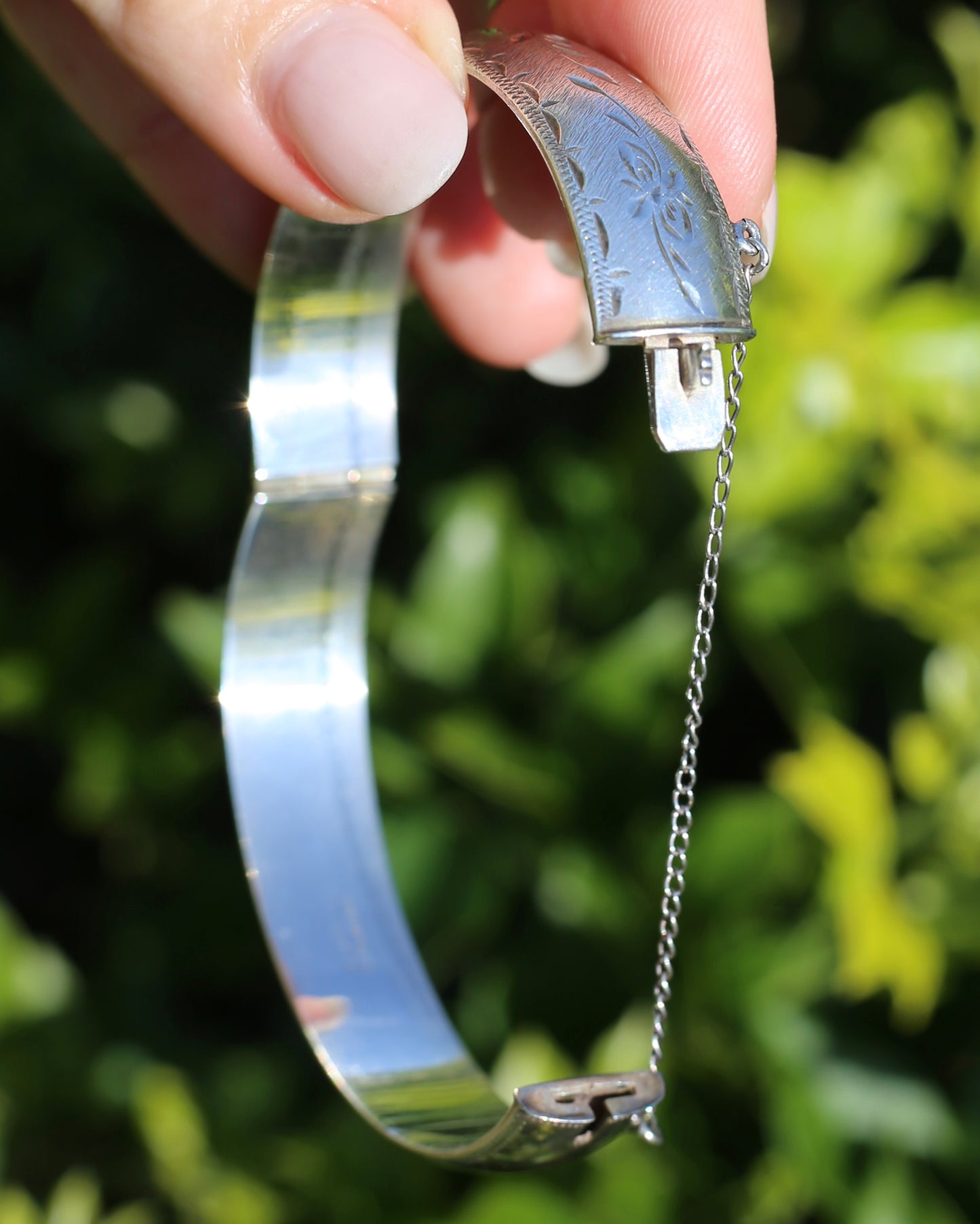 Vintage Hinged Engraved Silver Semi Hollow Bangle, Sterling Silver, 19.2g