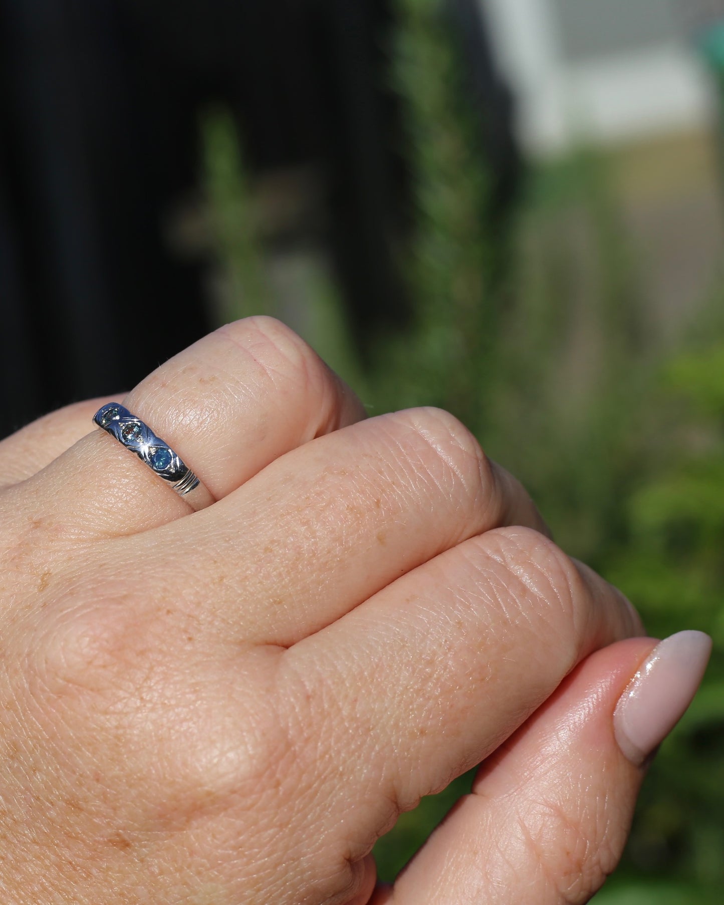 ON HOLD Australian Parti Sapphire Trilogy, 9ct White Gold Band, size N1/2 or just under 7, 2.67g