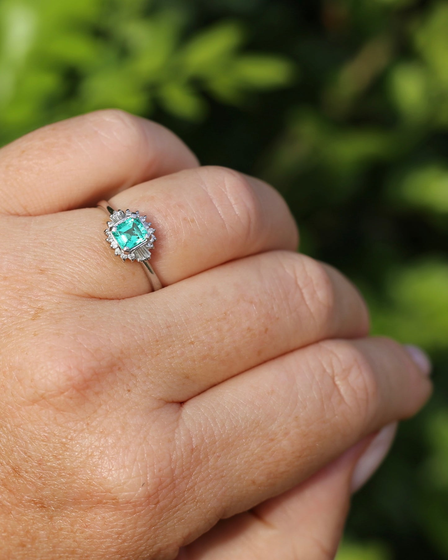 Natural Square Step Cut Emerald and Diamond Baguette Ballerina Skirt, Platinum Ring, size O or 7.25
