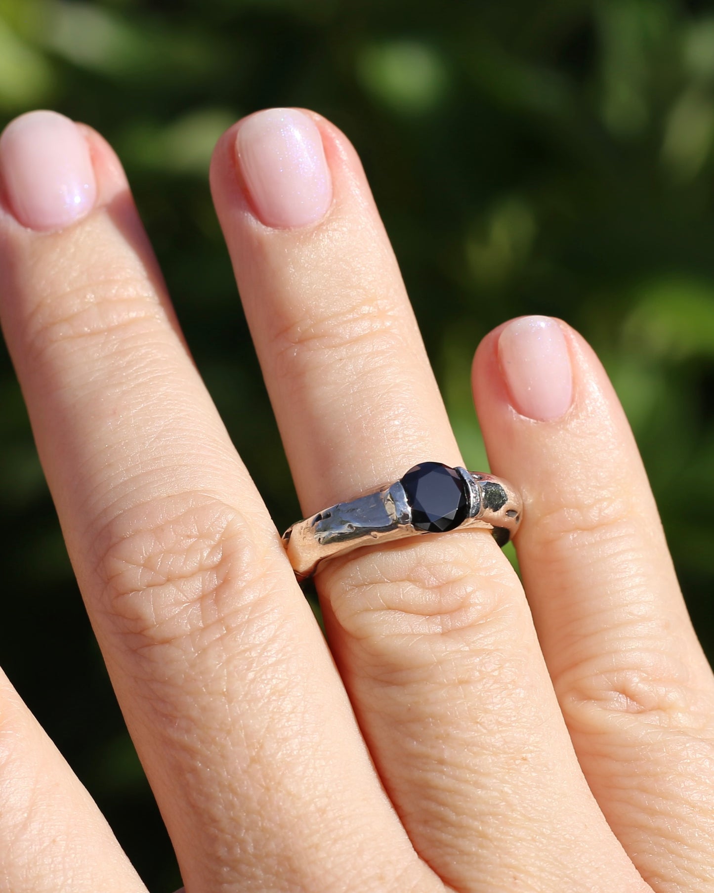 Rustic Handmade Chunky Silver Ring with Black Glass Round Brilliant Semi Bezel Set Stone, size L or 5.75