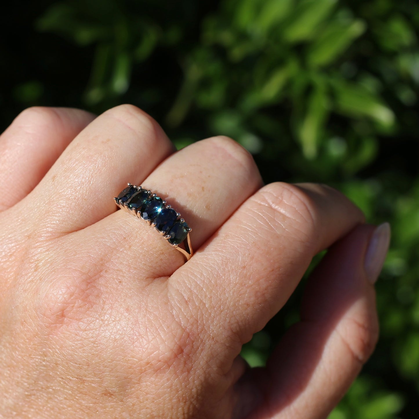 3 Carat Five Stone Parti Sapphire Ring, 9ct Yellow Gold, size R1/2 or nearly 9, with valuation