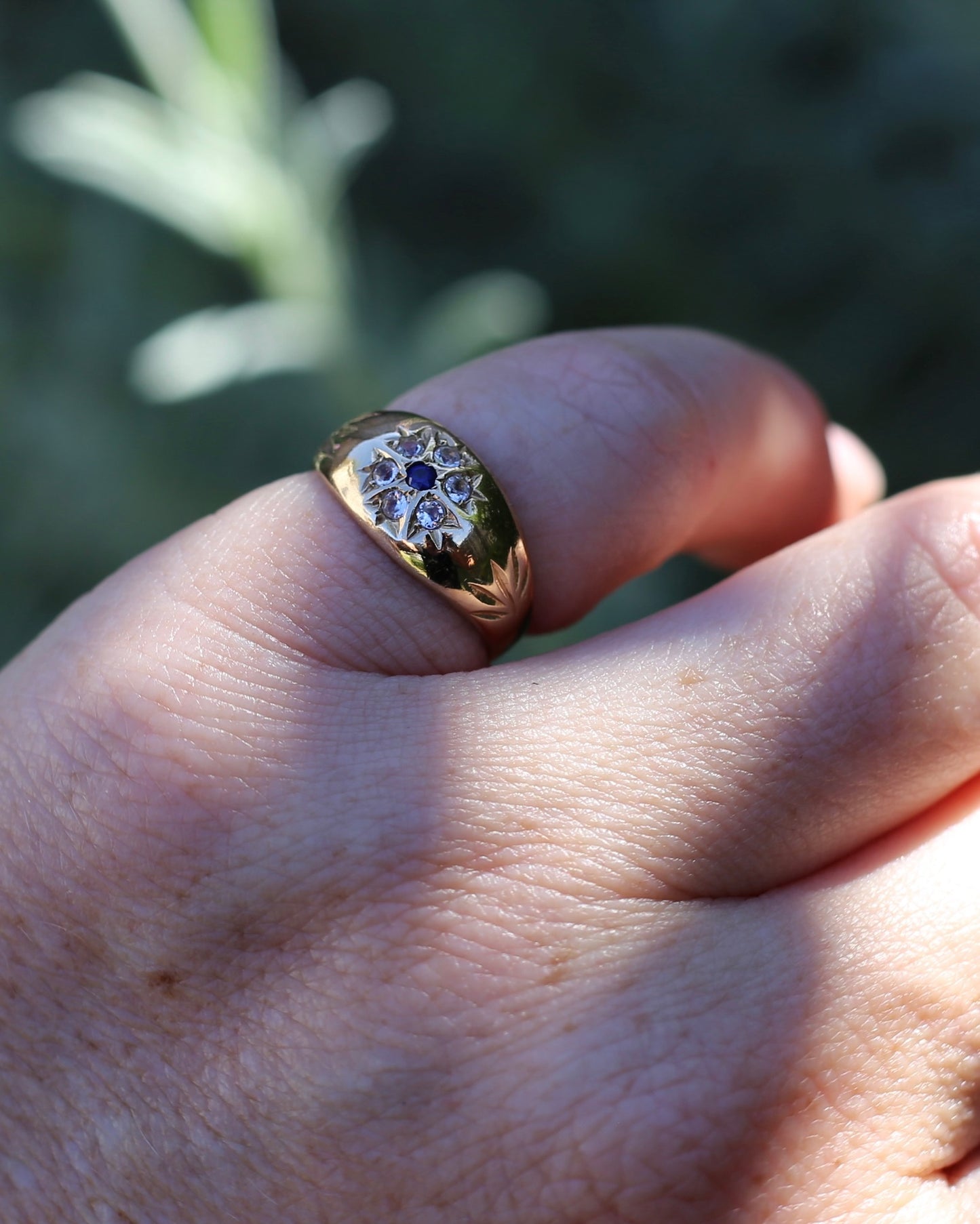 Vintage 1994 Birmingham Made Sapphire and White Stone Floral Cluster in Domed Ring, 9ct Yellow Gold, size J1/2 or 5