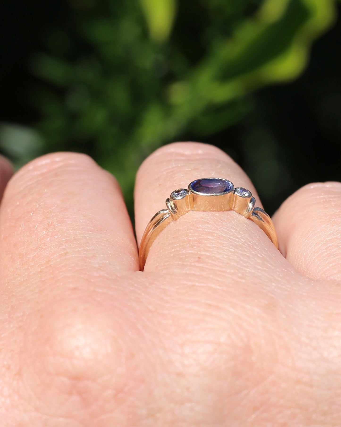 Vintage Bezel Set Cornflower Blue Sapphire and Diamond Ring, 9ct Yellow Gold, size O or 7.25