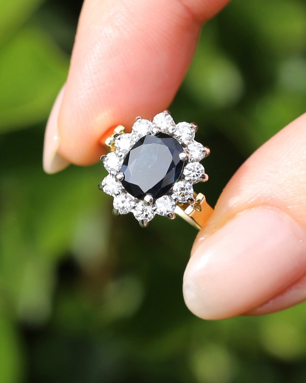 Vintage c1980s Diana Halo, Natural Sapphire and Diamond Halo, 18ct Yellow and White Gold, size P or 7.75 with valuation