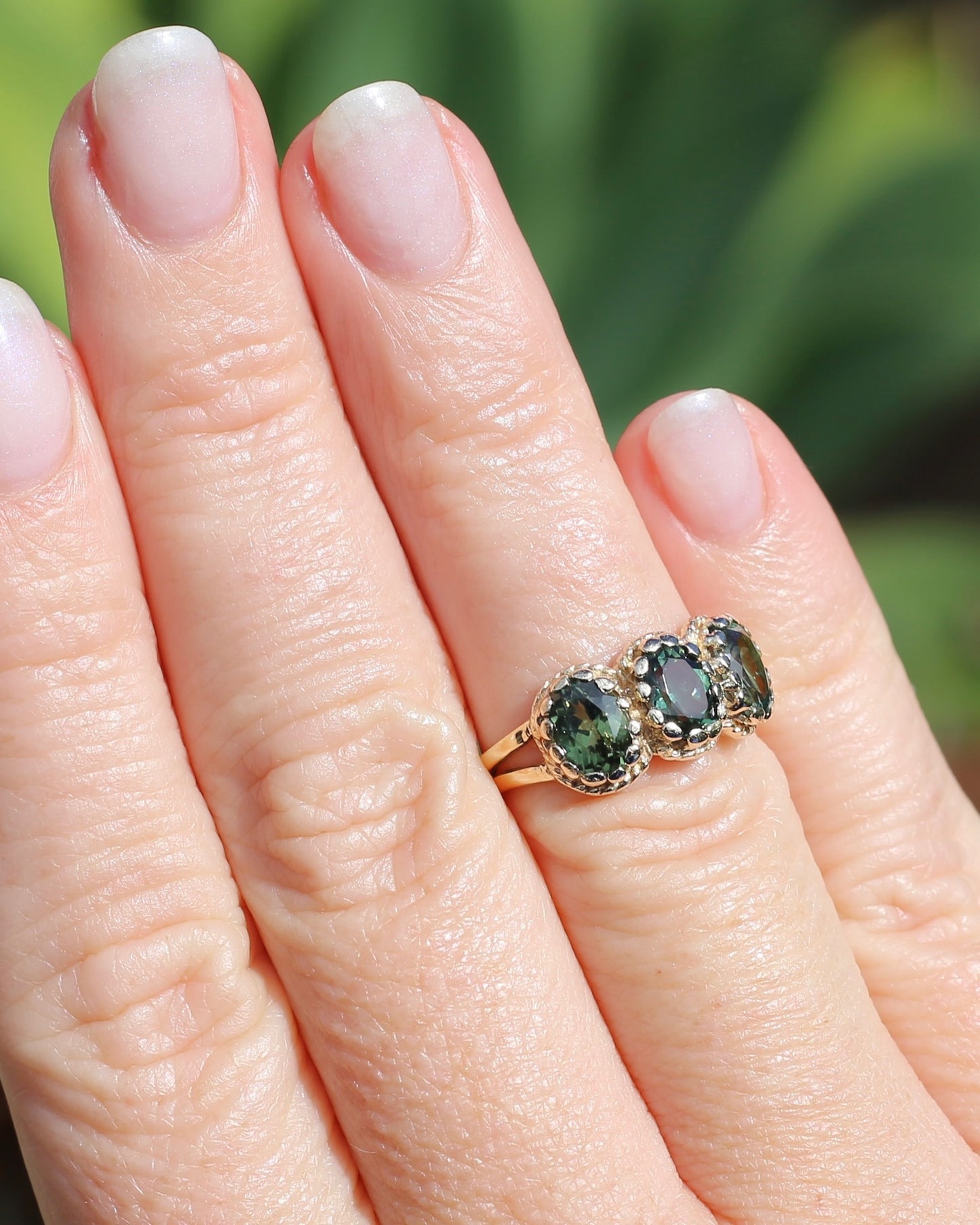 3ct Green Parti Sapphire Claw Set Vintage Ring, 9ct Yellow Gold, size 6 or L1/2