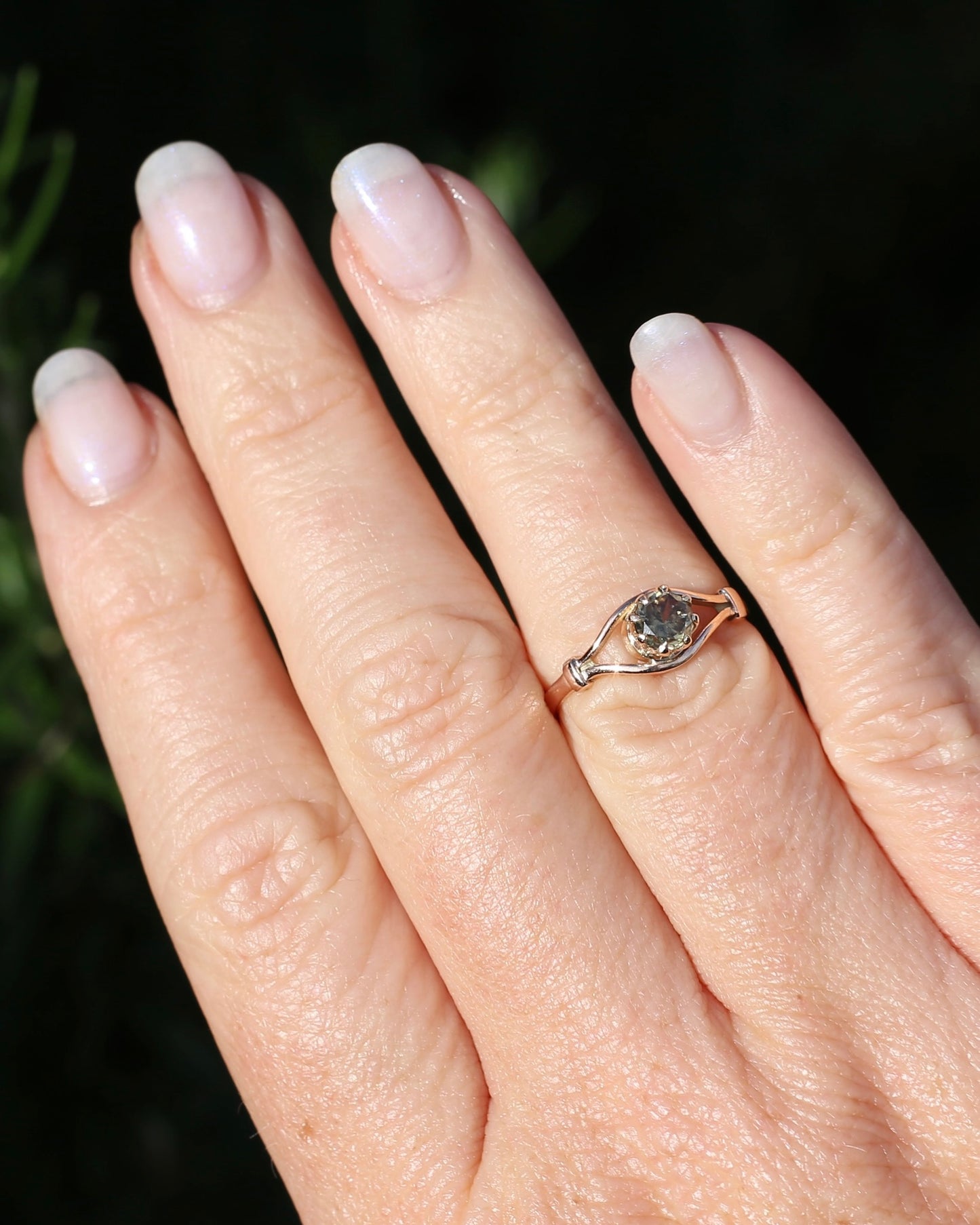 East African Green Zircon, Vintage 8 Claw Setting, Old Rosey Gold, size M1/2 or 6.5