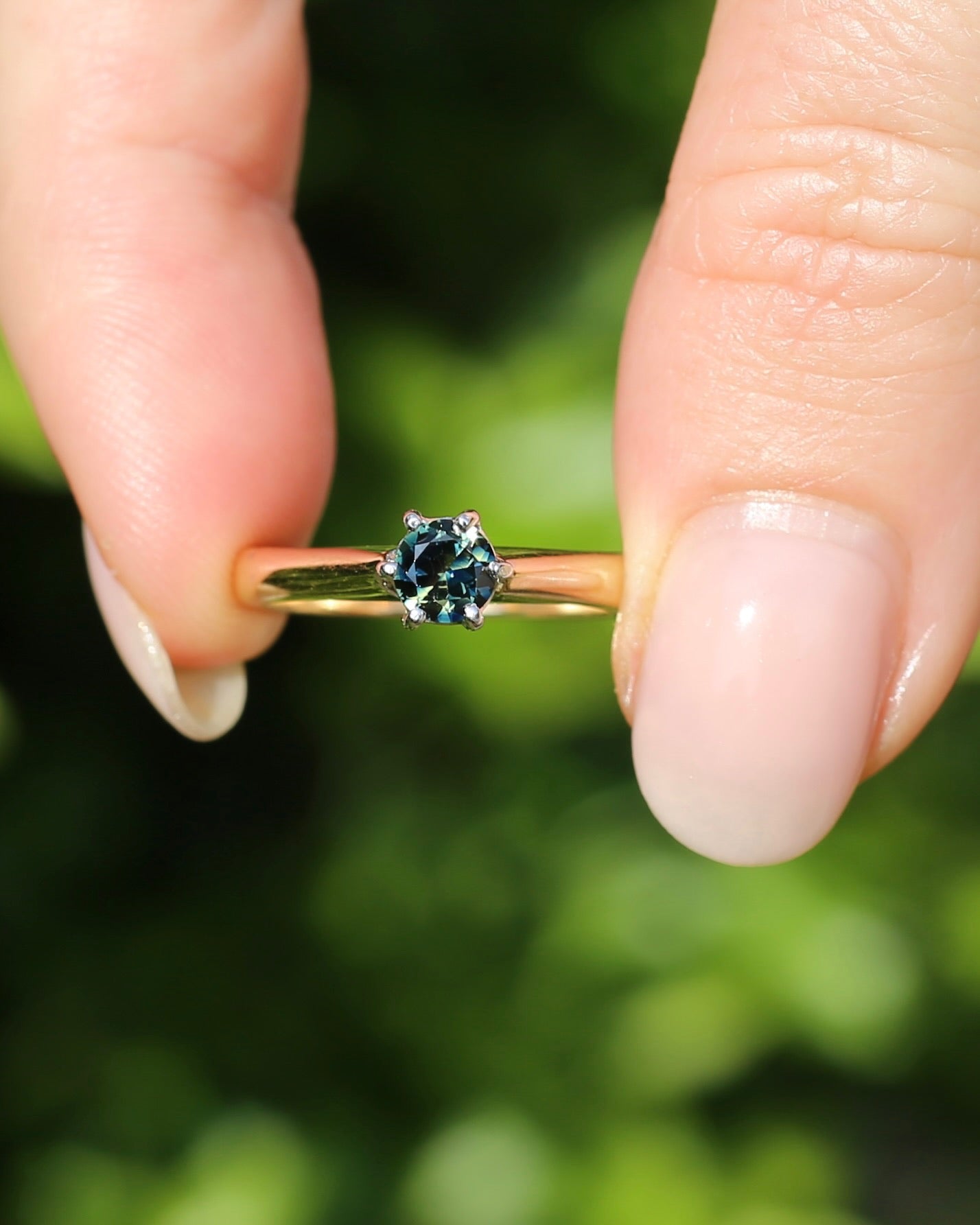 0.55ct Australian Parti Sapphire, 6 Claw Setting, 9ct White and Yellow Gold, size 7 or O, 3.52g