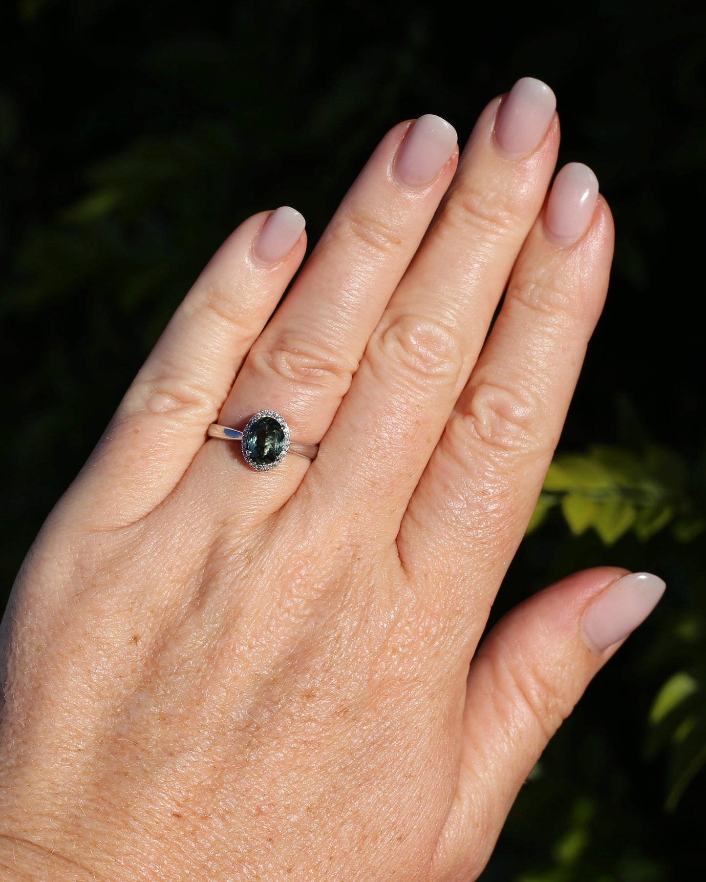 1.48ct Australian Parti Sapphire and SIngle Cut Diamond Halo, 10ct White Gold, size O or 7.25, 3.71g