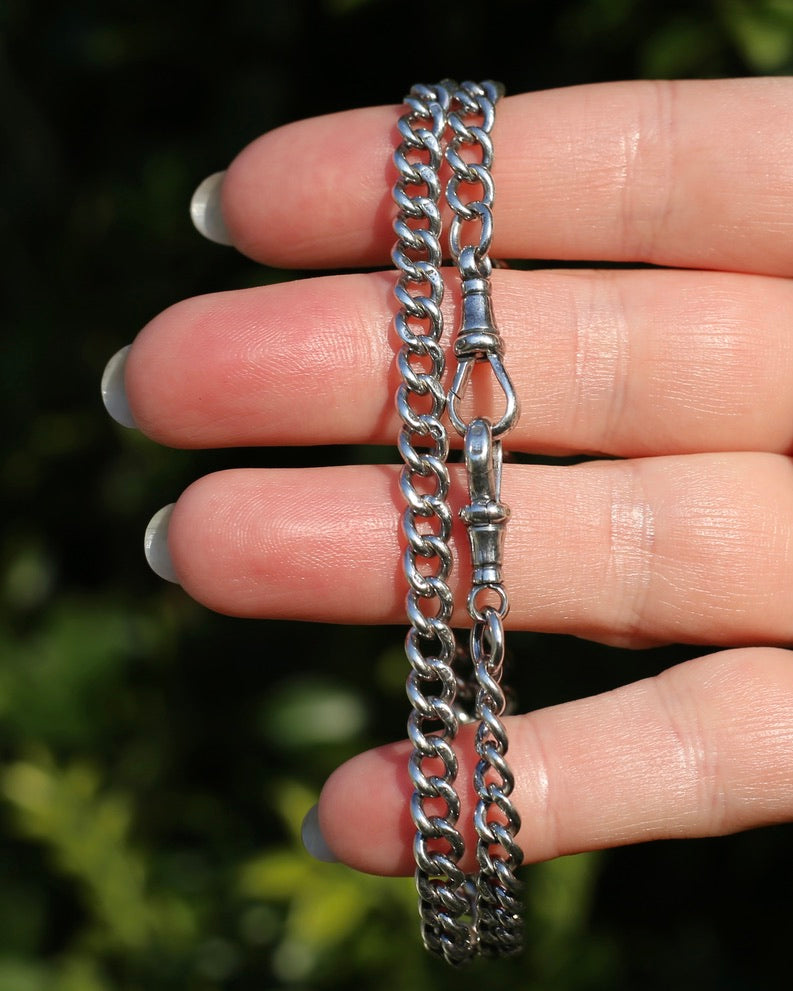 Antique 1913-1914 Birmingham Made Curb Link Watch Chain, Double Albert Clasp, Sterling Silver, 41.5cm