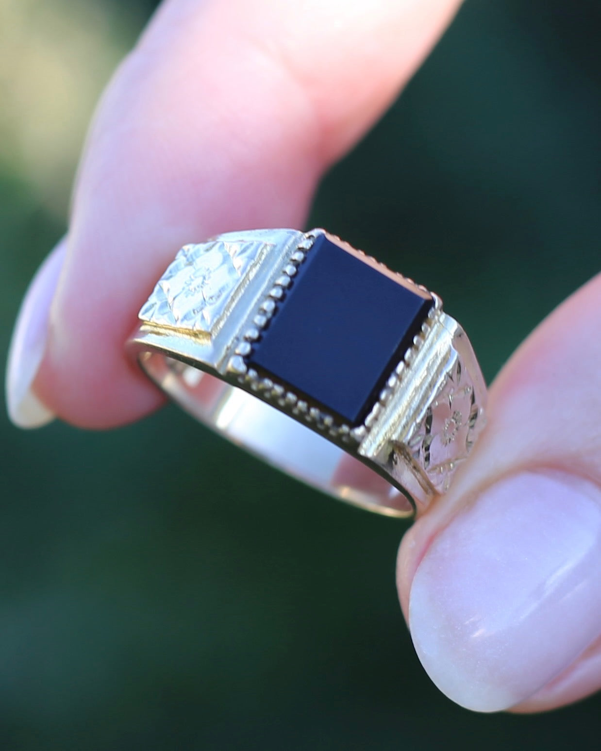 Chunky 1979 Onyx Signet with Floral Shoulders, 9ct Yellow Gold, size 10 or U