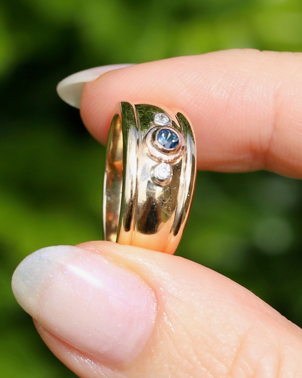 Bezel Set Parti Sapphire and Diamond Trilogy, Chunky Yellow Gold, size O1/2 or 7.5 (will fit smaller due to width)