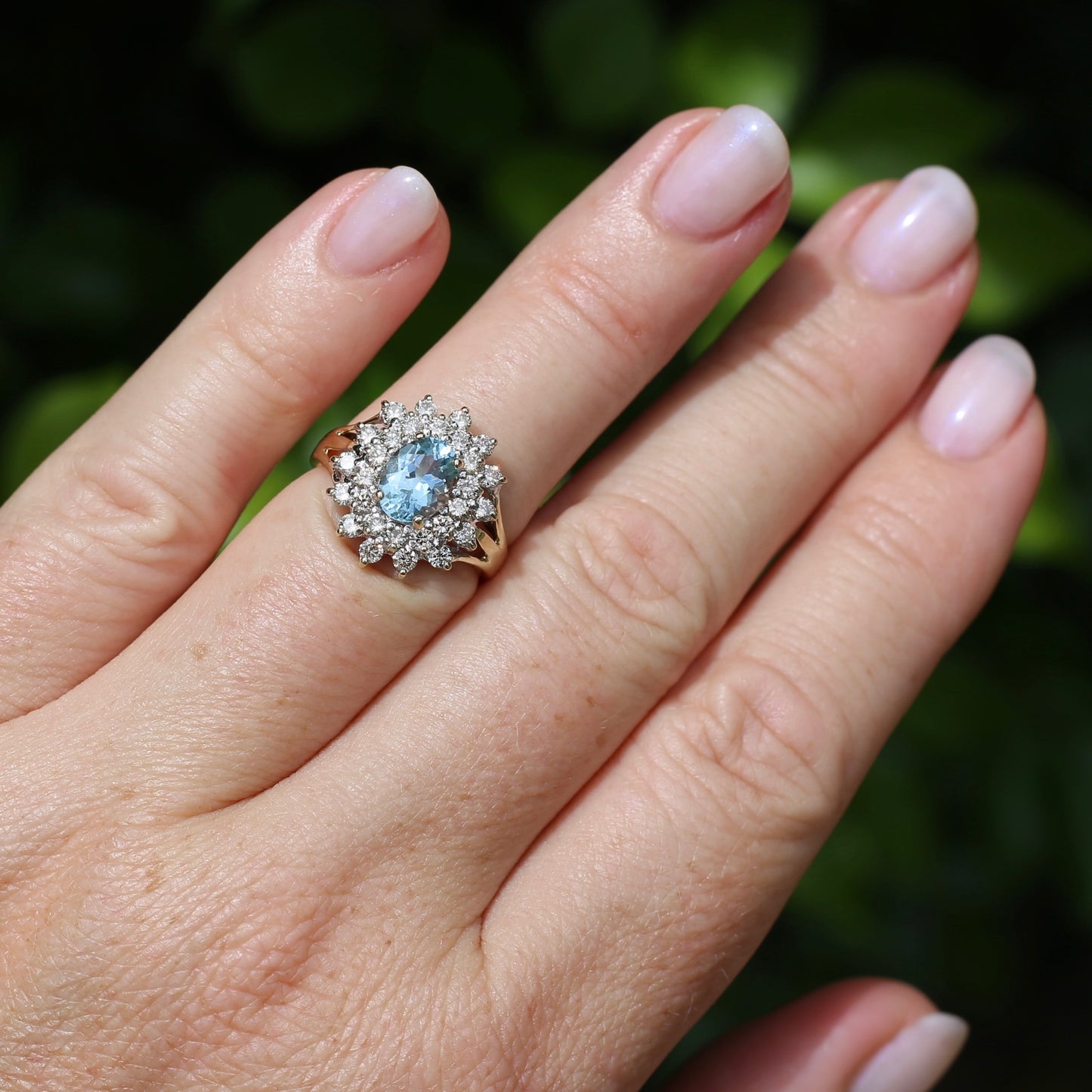 1.1ct Oval Aquamarine and Double Diamond Halo (0.88ct), 9ct White and Yellow Gold, size 6.25 or M