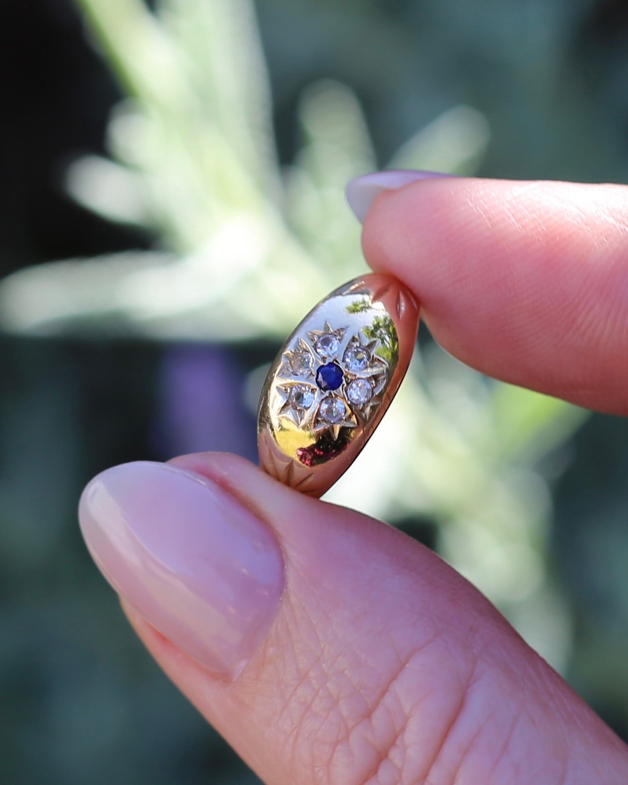 Vintage 1994 Birmingham Made Sapphire and White Stone Floral Cluster in Domed Ring, 9ct Yellow Gold, size J1/2 or 5