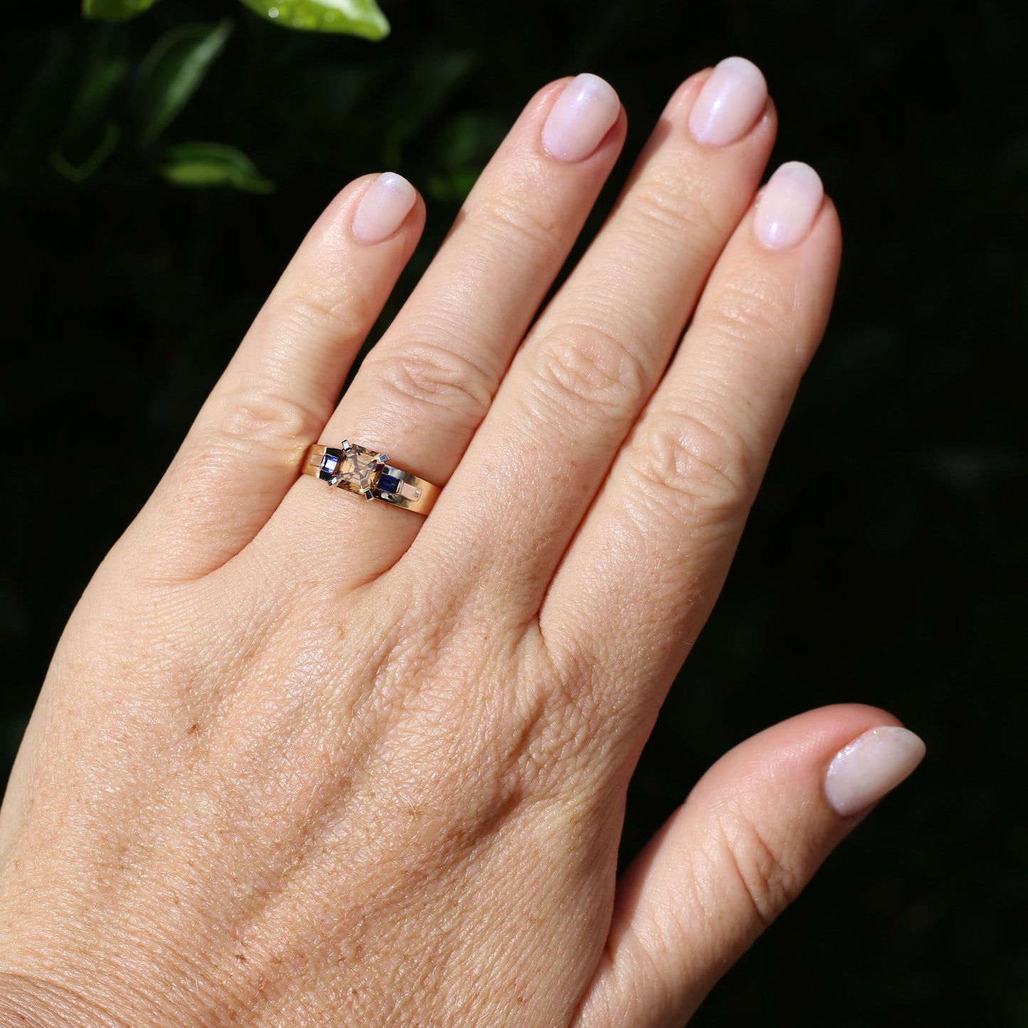 1.74ct Asscher Cut Cognac Zircon with Baguette Synthetic Sapphires in Mixed White and Yellow Gold 9ct Ring, size 8.75 or just over R