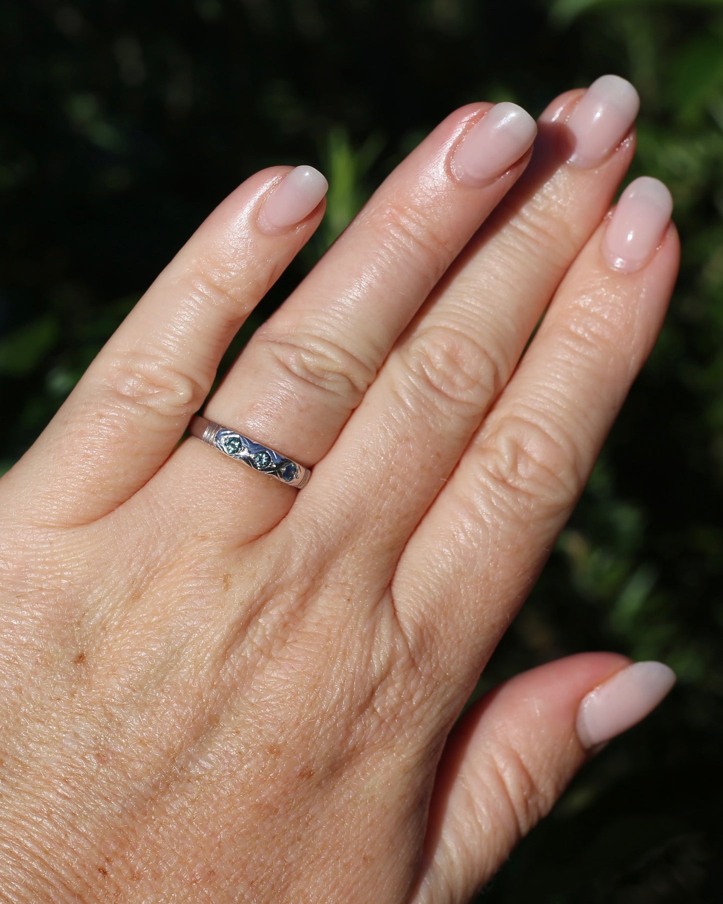 ON HOLD Australian Parti Sapphire Trilogy, 9ct White Gold Band, size N1/2 or just under 7, 2.67g