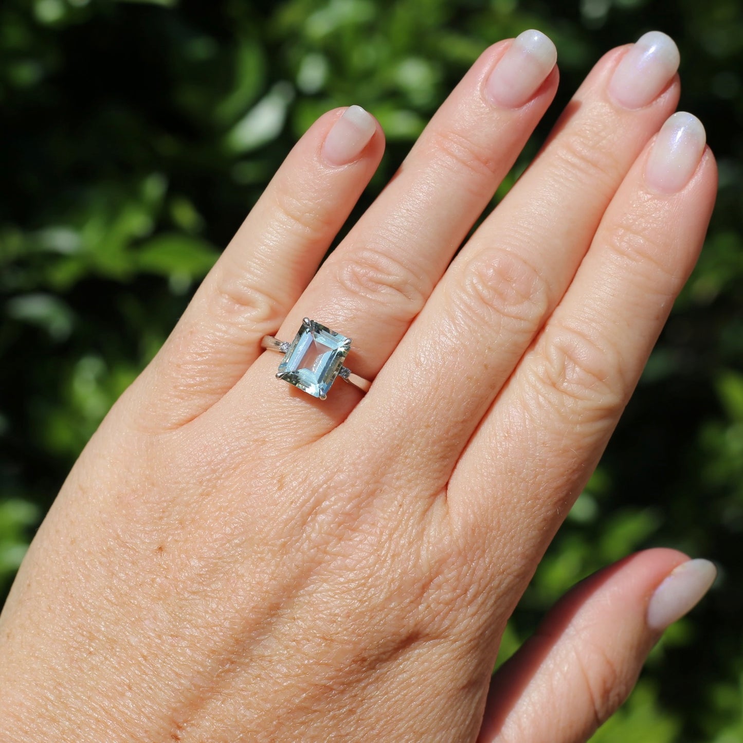 Emerald Cut Prasiolite and Diamond Ring, 9ct White Gold, size P or 7.75