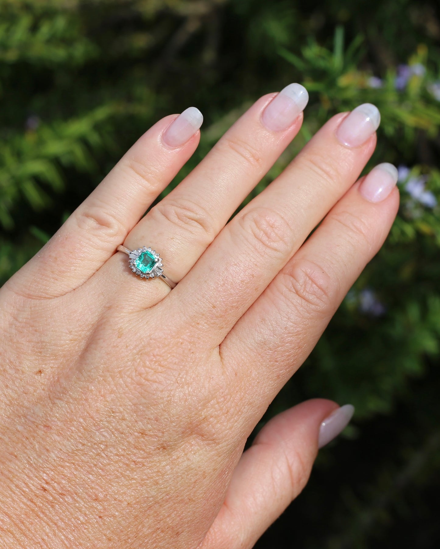 Natural Square Step Cut Emerald and Diamond Baguette Ballerina Skirt, Platinum Ring, size O or 7.25