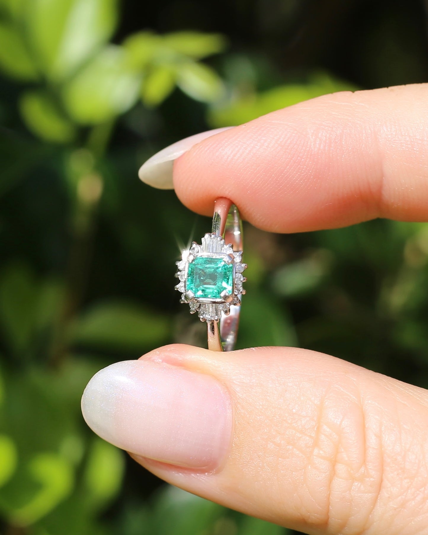 Natural Square Step Cut Emerald and Diamond Baguette Ballerina Skirt, Platinum Ring, size O or 7.25