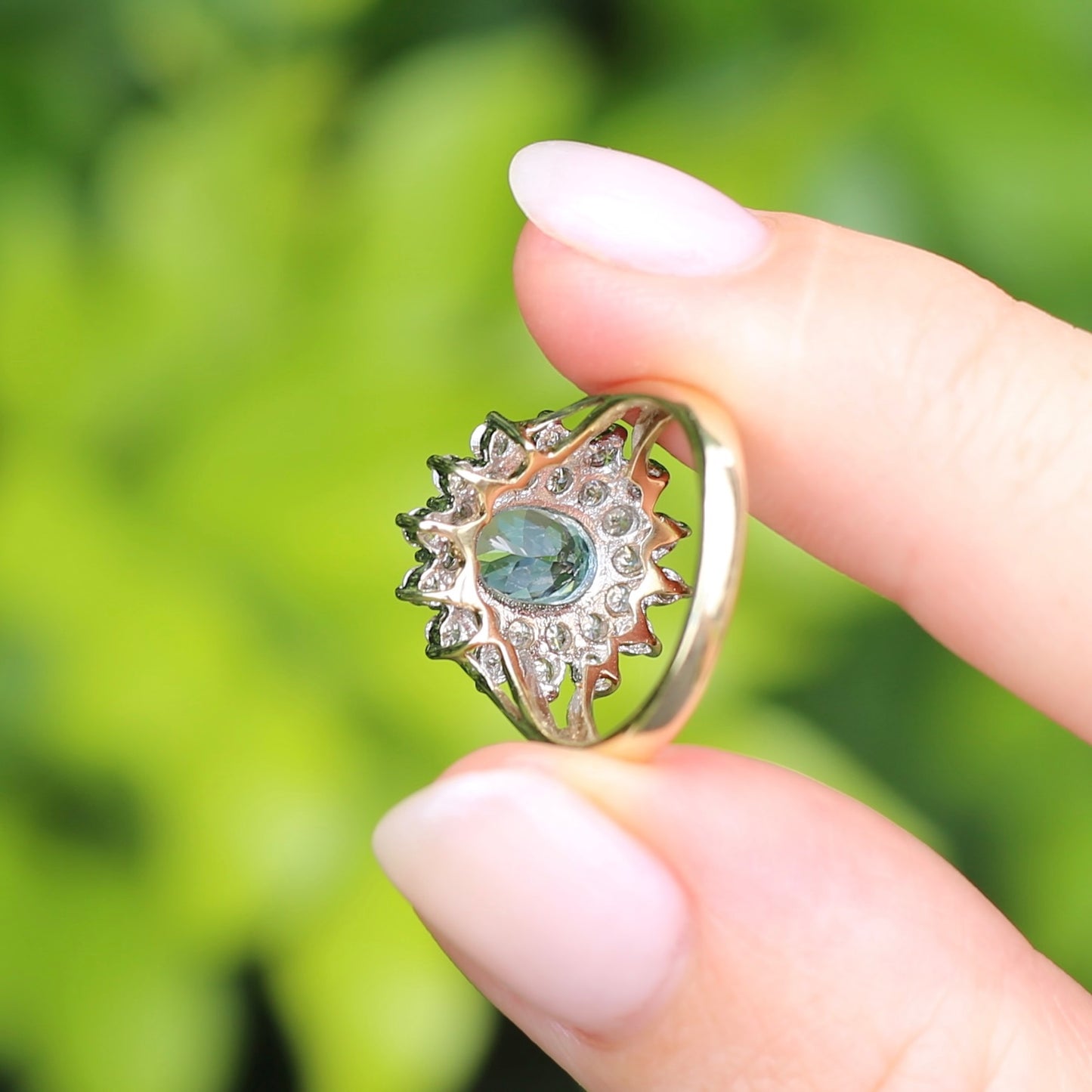 1.1ct Oval Aquamarine and Double Diamond Halo (0.88ct), 9ct White and Yellow Gold, size 6.25 or M