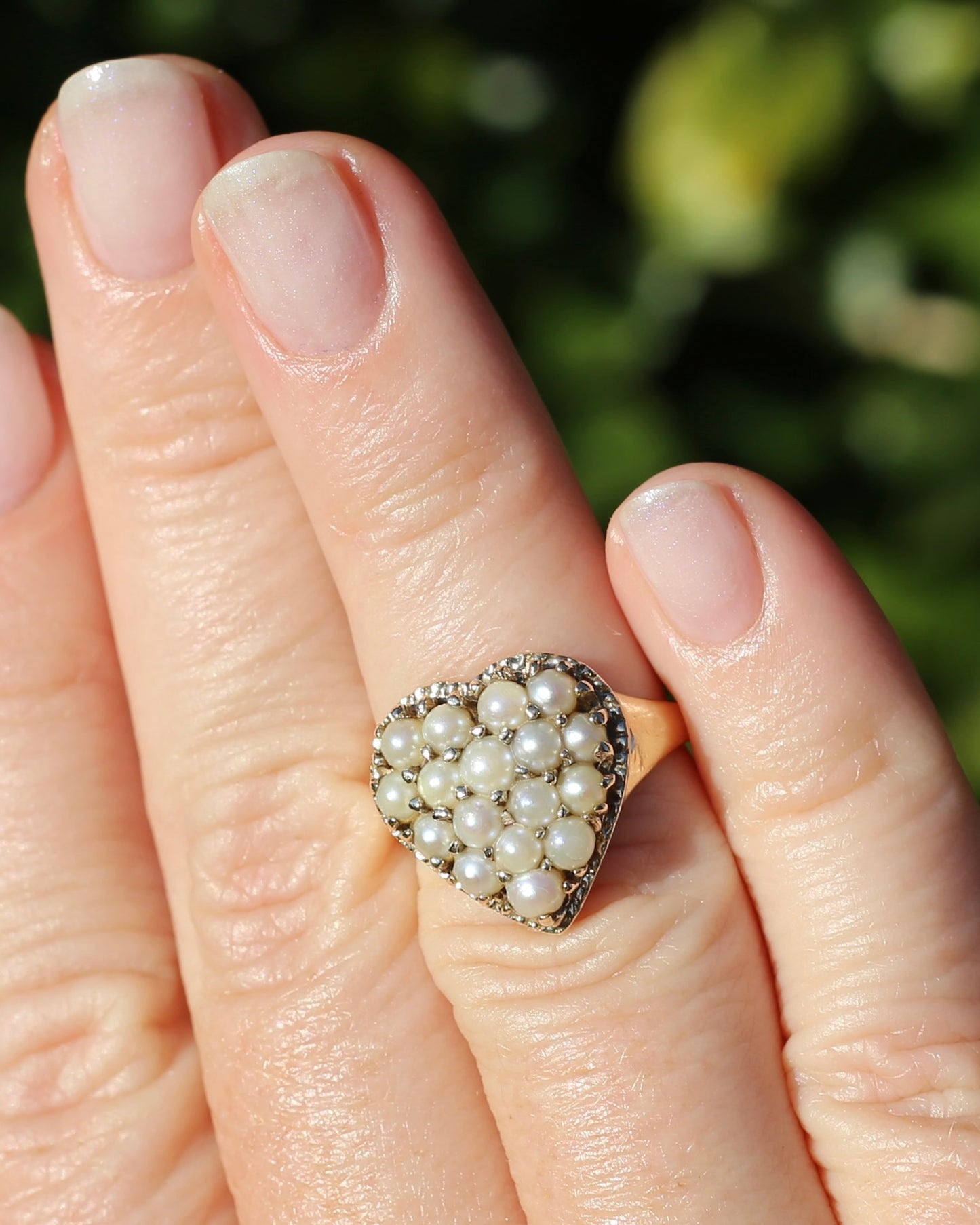 Vintage Heart Pearl Cluster Ring, 10ct Yellow Gold, size K or 5.25