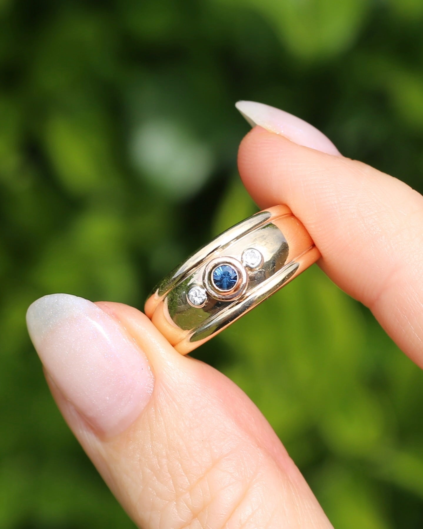Bezel Set Parti Sapphire and Diamond Trilogy, Chunky Yellow Gold, size O1/2 or 7.5 (will fit smaller due to width)