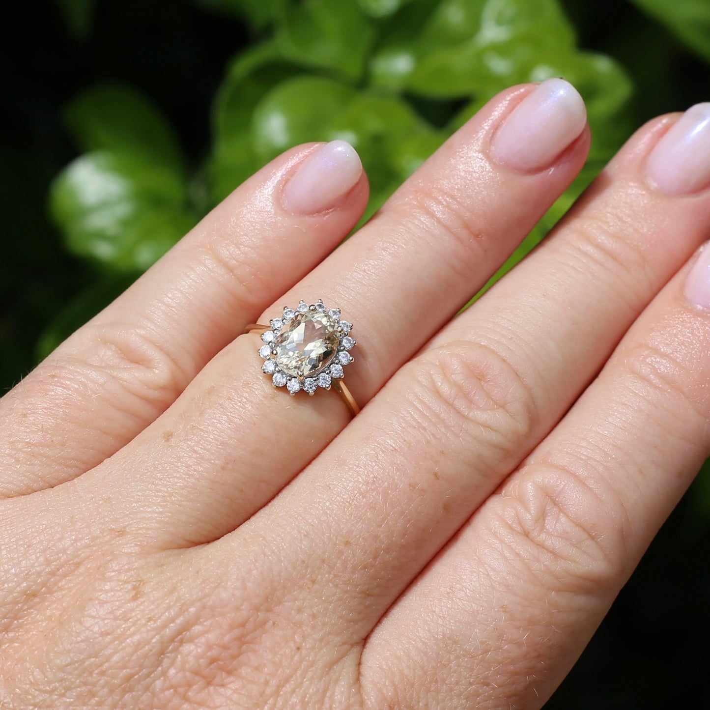 1.47ct Rare Light Pinkish Yellow Feldspar (Orthoclase) with Diamond Halo, 9ct Yellow Gold, size M or 6.25, with valuation
