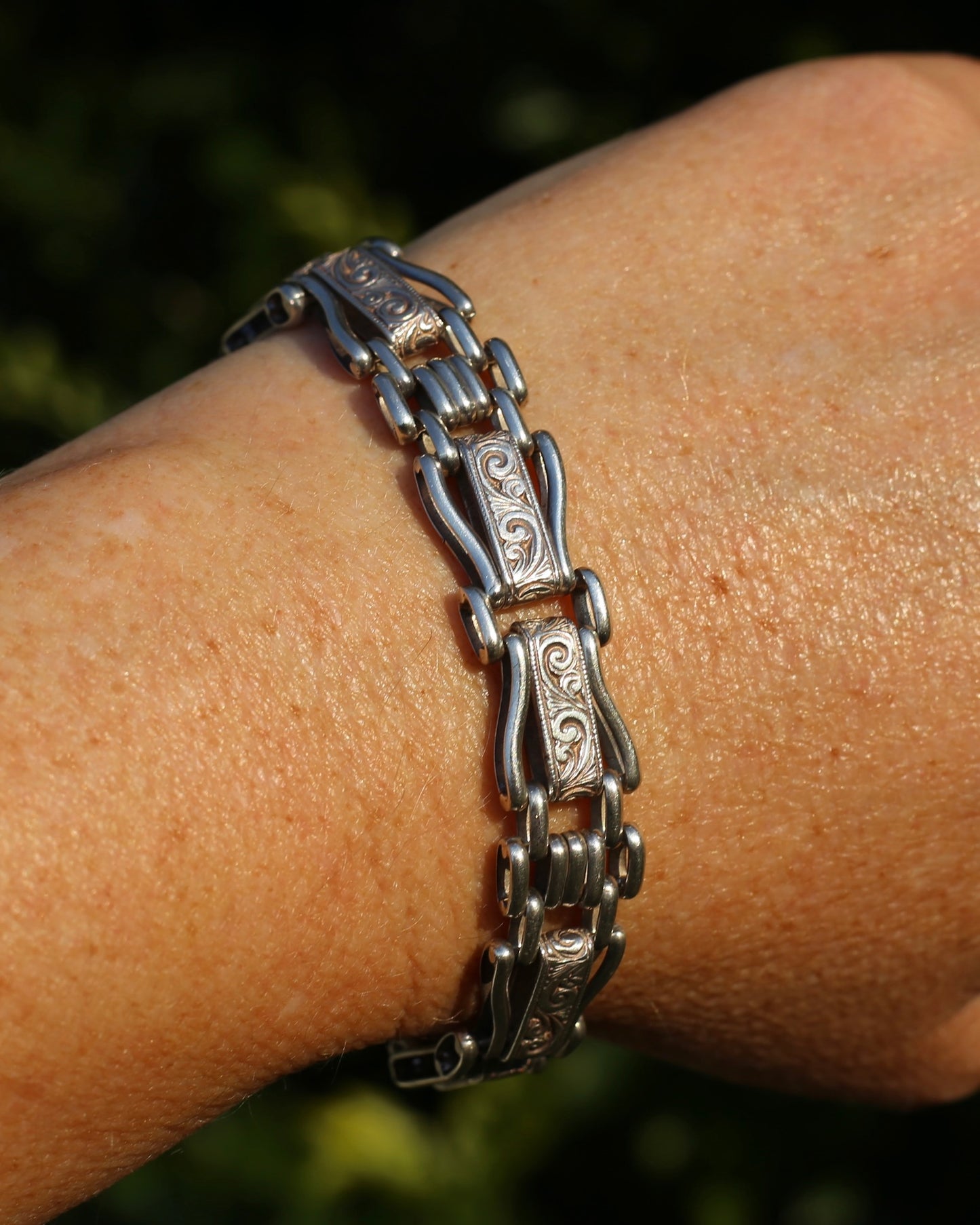 Fancy Link Engraved Bracelet, Sterling Silver, With Italian Bolt Clasp, 24.3g, 19cm