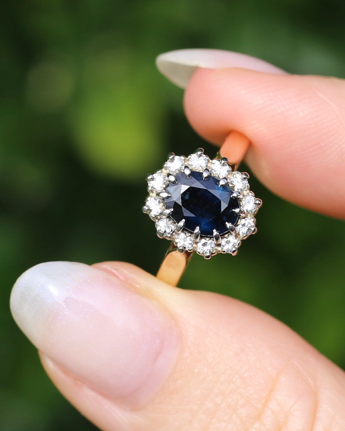 Vintage Natural Sapphire and Diamond Halo, 9ct Yellow and White Gold, size N1/2 or 7