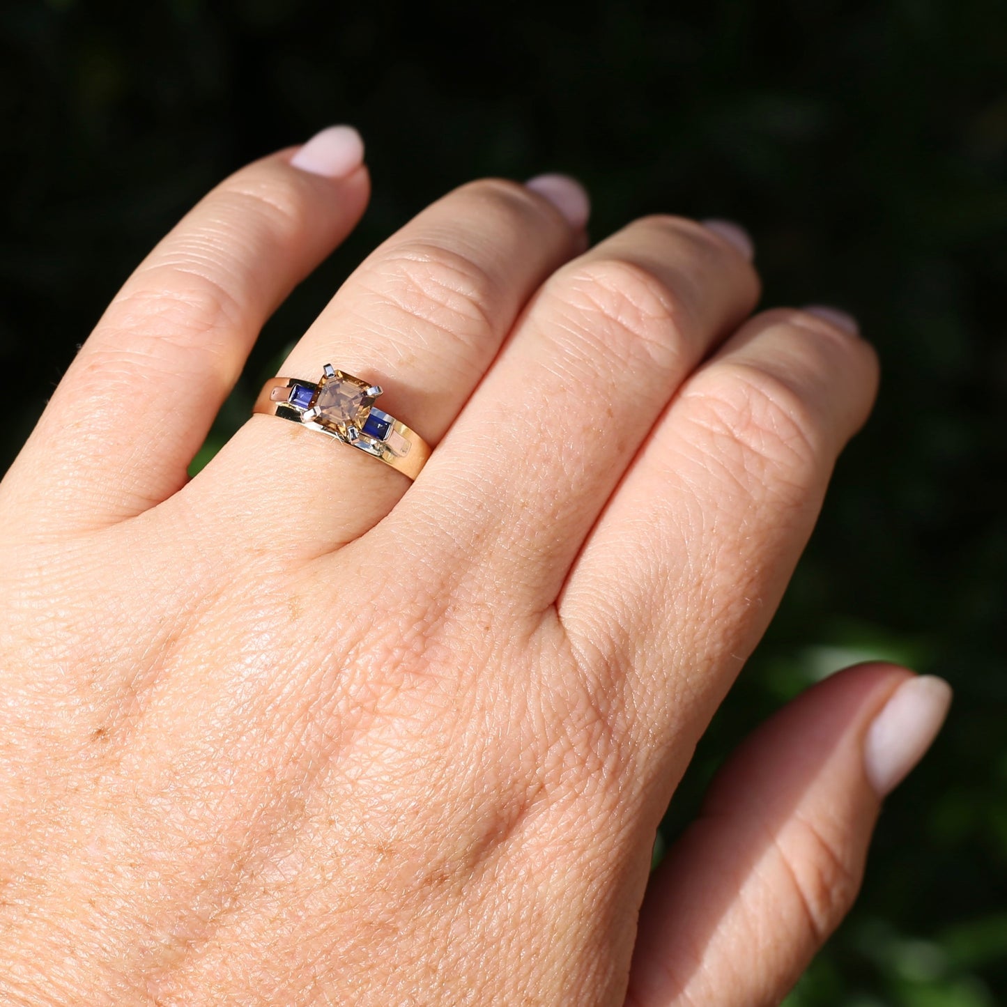 1.74ct Asscher Cut Cognac Zircon with Baguette Synthetic Sapphires in Mixed White and Yellow Gold 9ct Ring, size 8.75 or just over R
