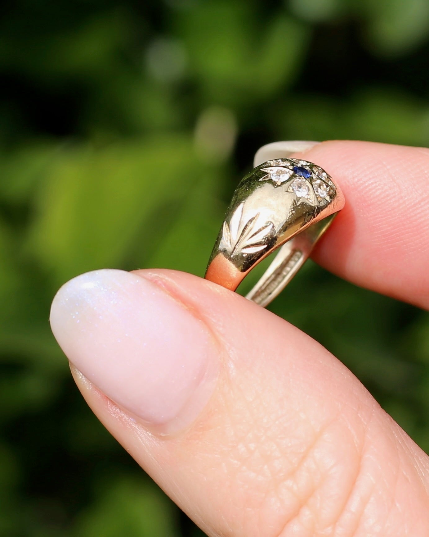 Vintage 1994 Birmingham Made Sapphire and White Stone Floral Cluster in Domed Ring, 9ct Yellow Gold, size J1/2 or 5