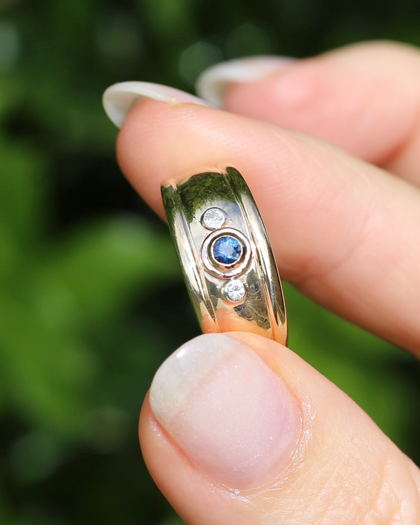 Bezel Set Parti Sapphire and Diamond Trilogy, Chunky Yellow Gold, size O1/2 or 7.5 (will fit smaller due to width)
