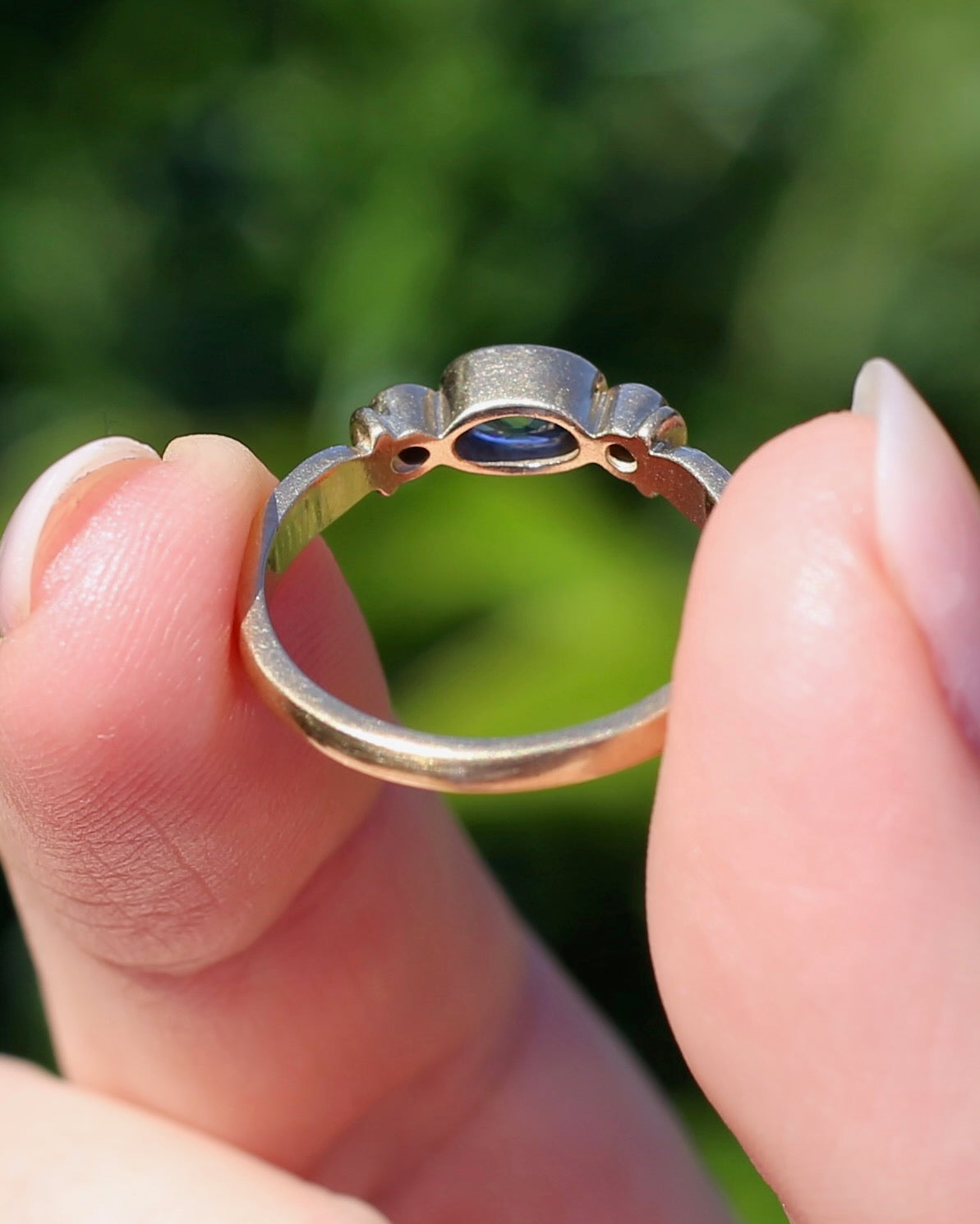 Vintage Bezel Set Cornflower Blue Sapphire and Diamond Ring, 9ct Yellow Gold, size O or 7.25