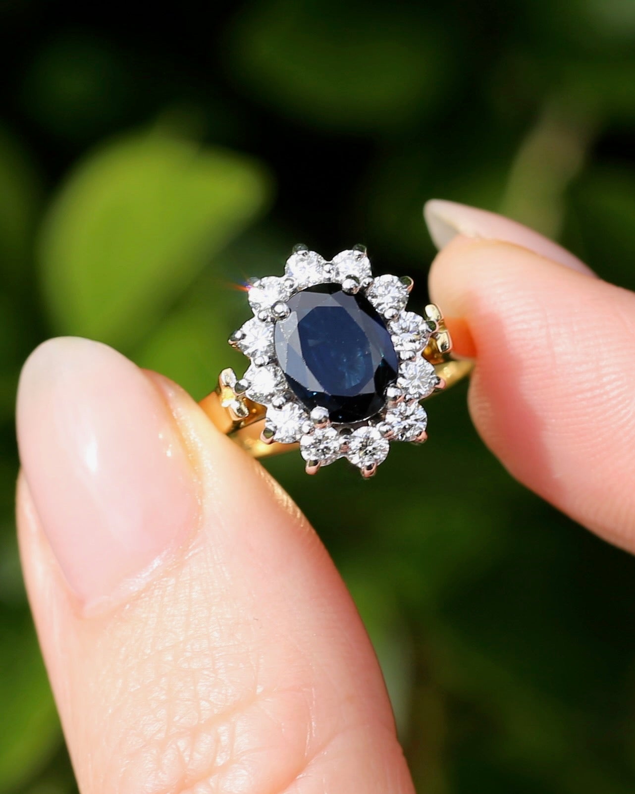 Vintage c1980s Diana Halo, Natural Sapphire and Diamond Halo, 18ct Yellow and White Gold, size P or 7.75 with valuation
