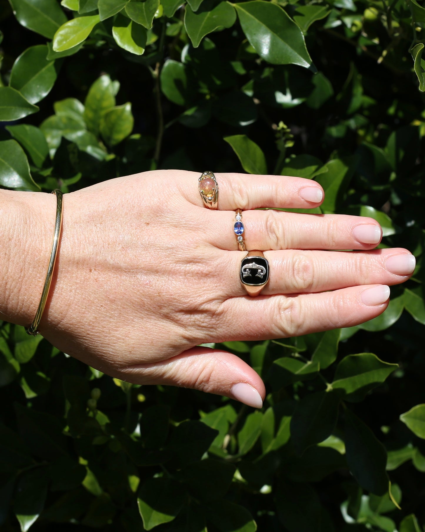 Vintage "C" Onyx Signet Ring, Bezel Set, Older Rosey Gold, size 9.5 or T