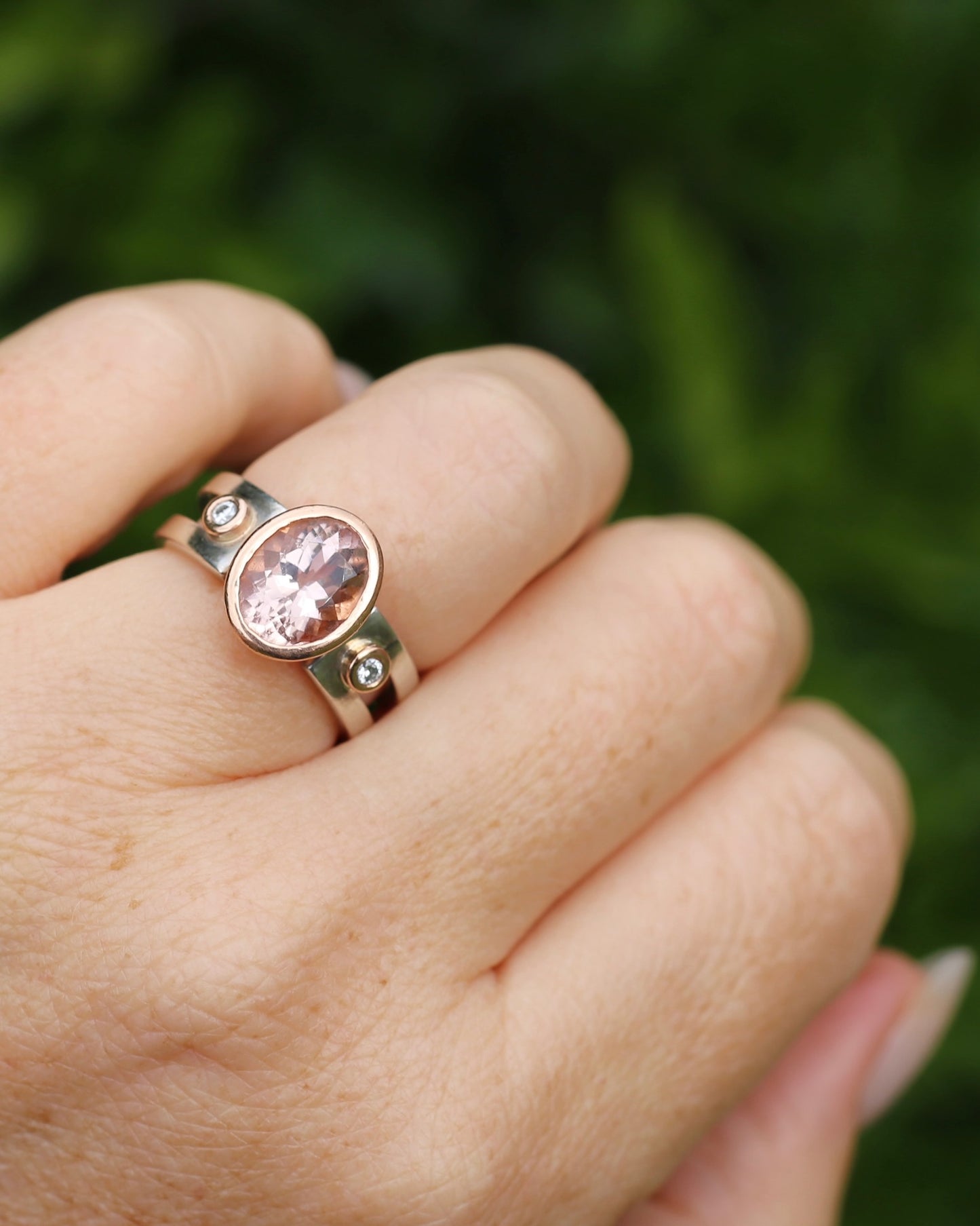 Chunky Bezel Set Morganite and Diamond Ring, 9ct Rose Gold and Silver, size P or 7.5 (fits smaller)