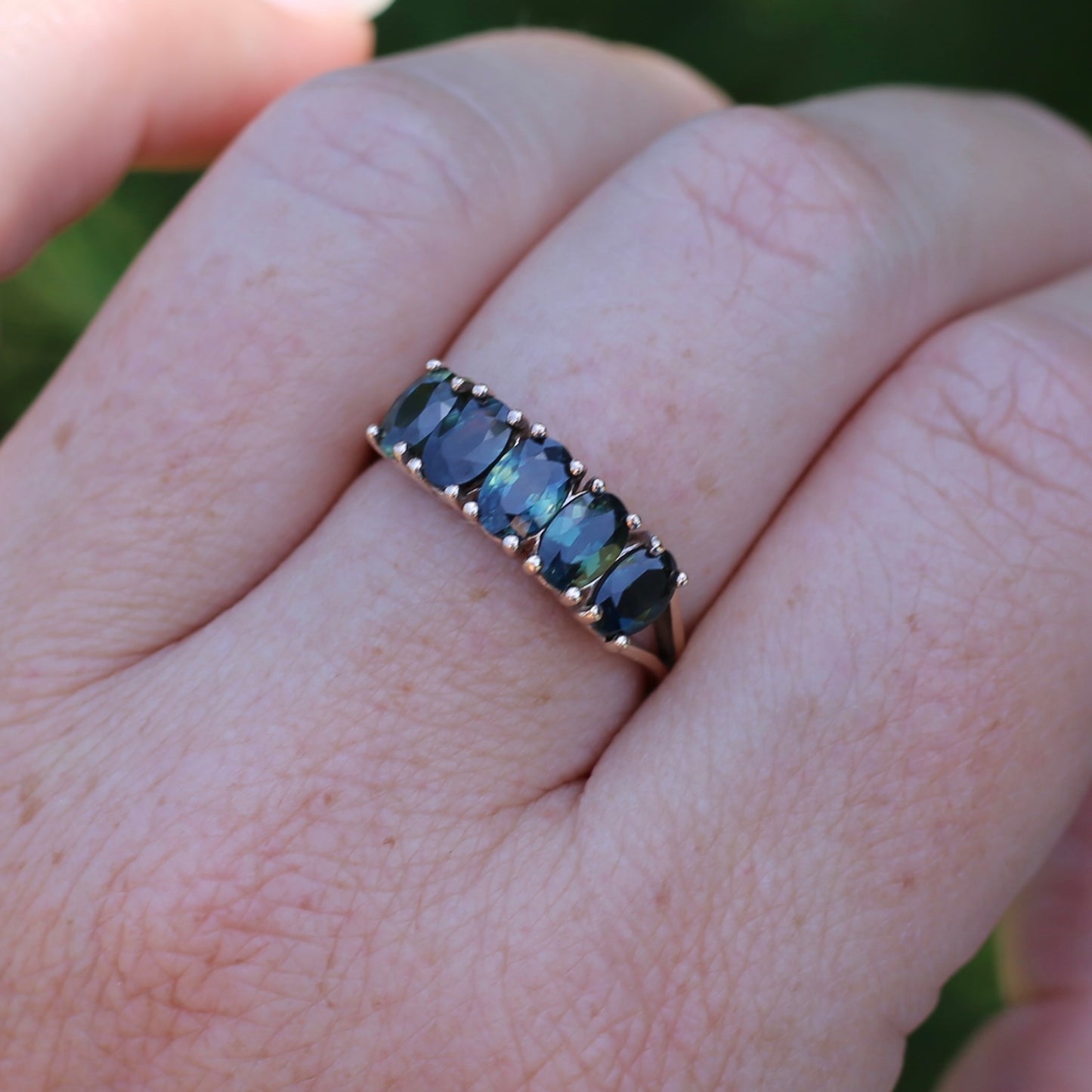 3 Carat Five Stone Parti Sapphire Ring, 9ct Yellow Gold, size R1/2 or nearly 9, with valuation