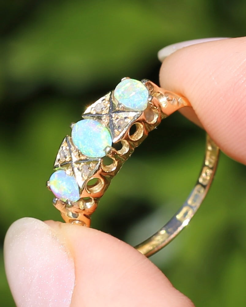 ON HOLD Antique 1907 Opal and Rose Cut Diamond Bridges Ring, 18ct Yellow Gold, size 8 or Q