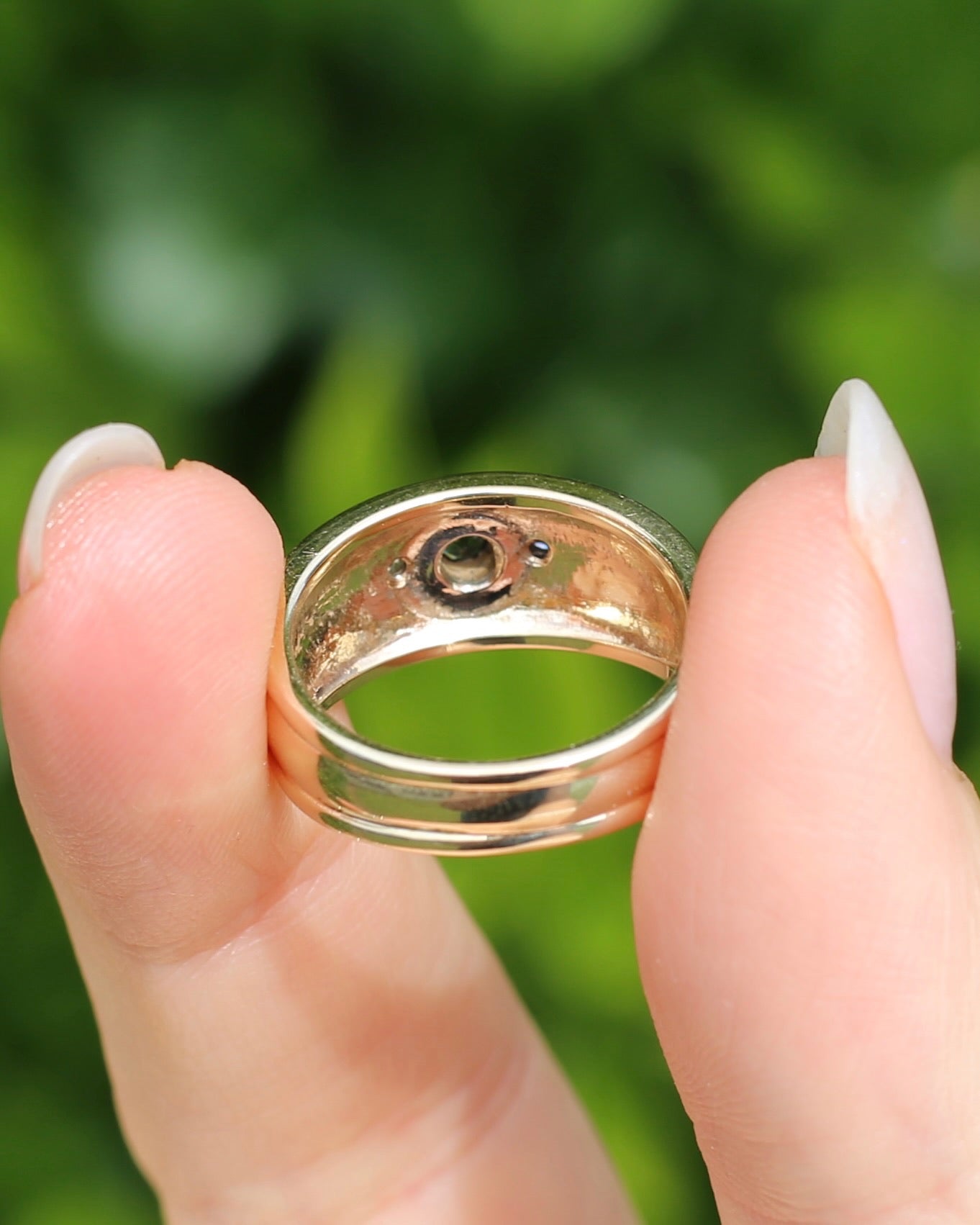 Bezel Set Parti Sapphire and Diamond Trilogy, Chunky Yellow Gold, size O1/2 or 7.5 (will fit smaller due to width)
