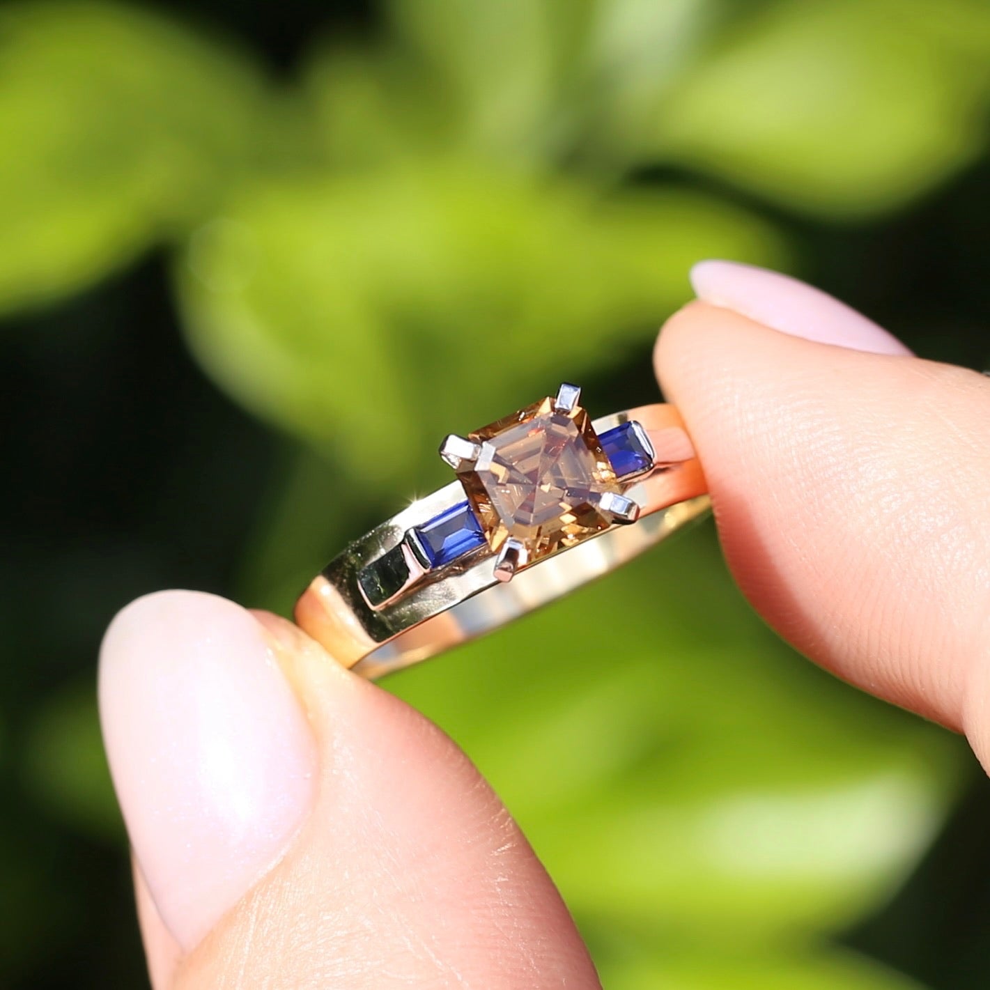 1.74ct Asscher Cut Cognac Zircon with Baguette Synthetic Sapphires in Mixed White and Yellow Gold 9ct Ring, size 8.75 or just over R