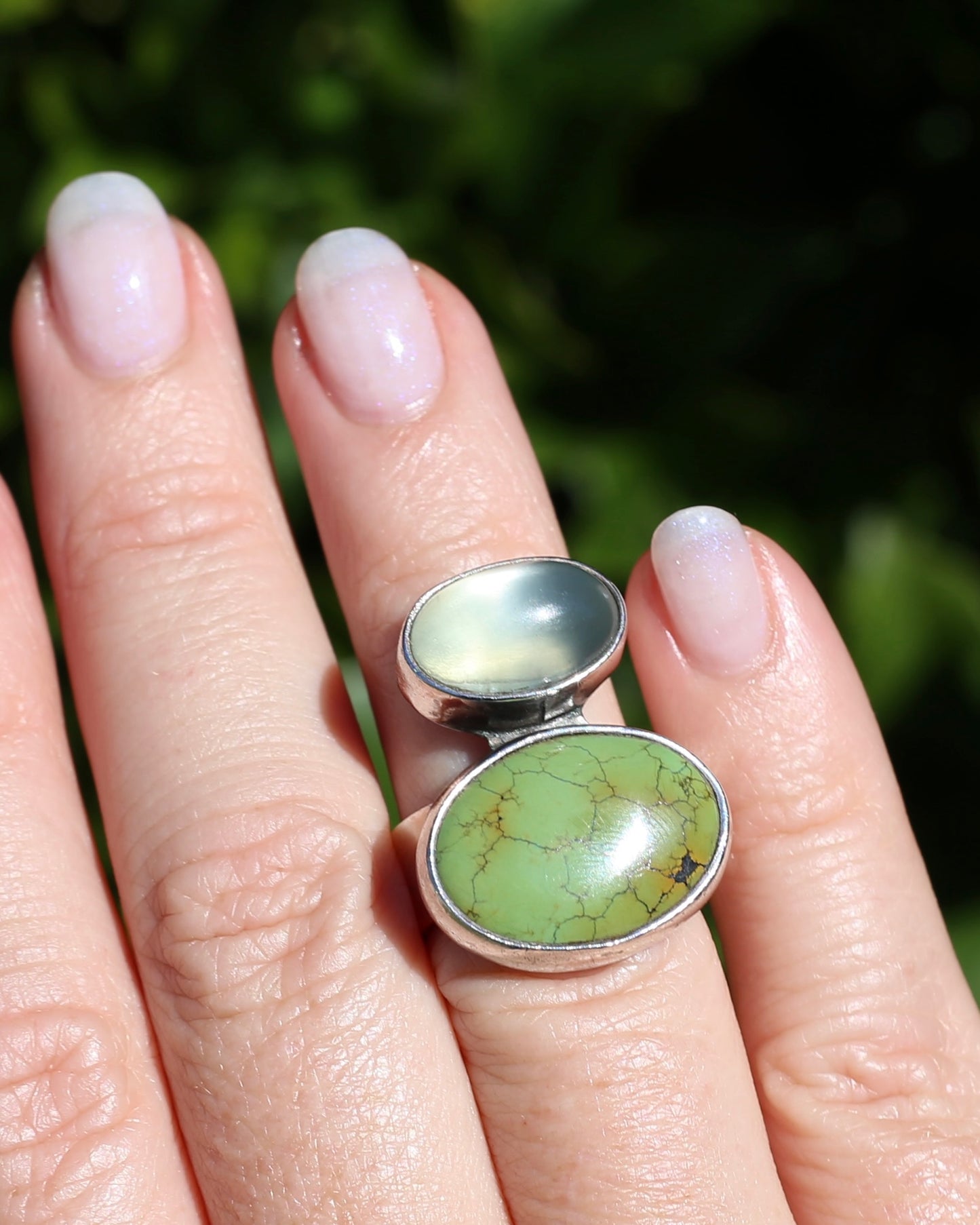 Vintage Green Turquoise and Moonstone Ring, Sterling Silver, size M or 6.25