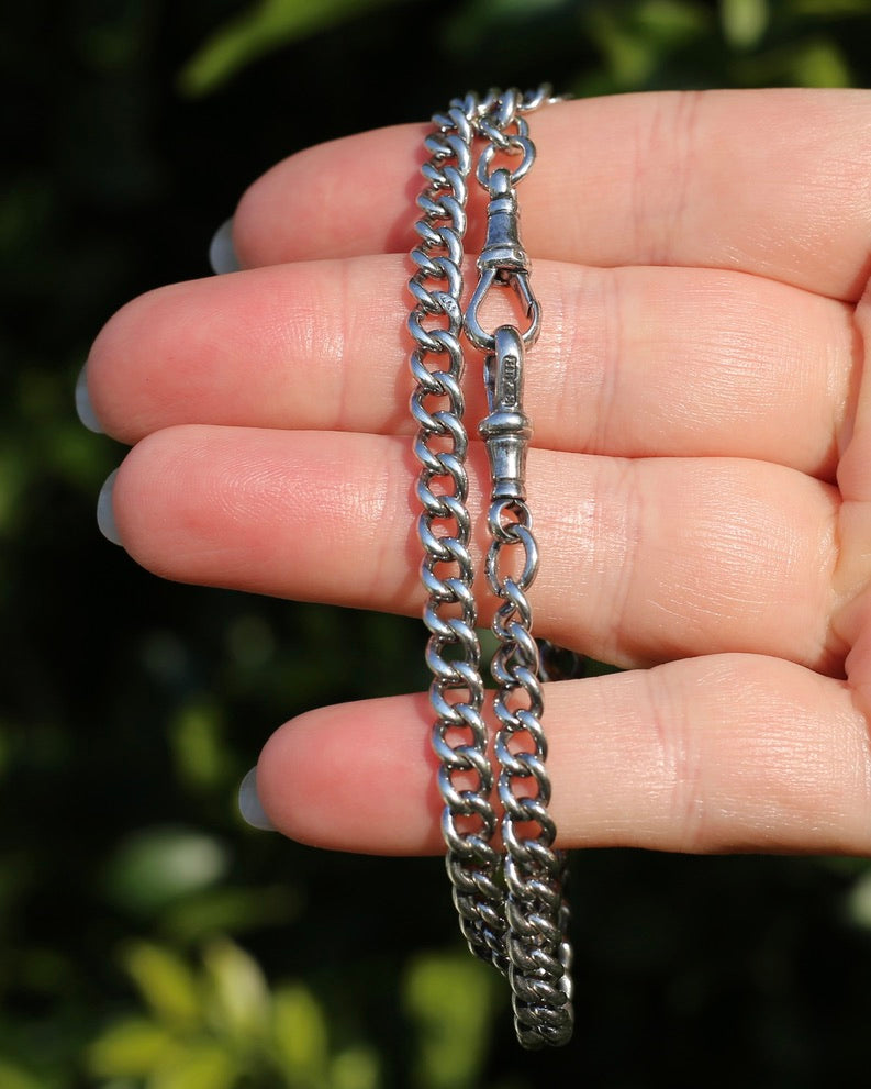 Antique 1913-1914 Birmingham Made Curb Link Watch Chain, Double Albert Clasp, Sterling Silver, 41.5cm